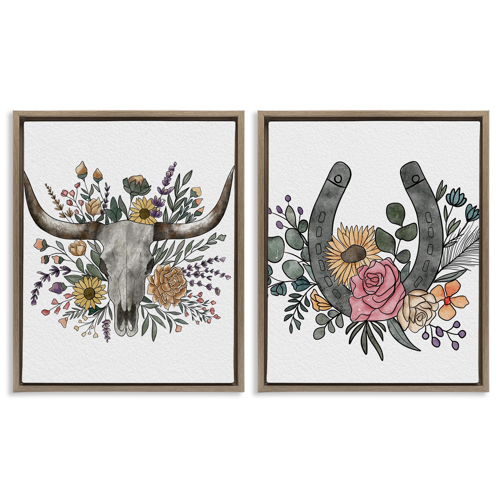 Stupell Industries 'Boho Longhorn & Horseshoe', 2pc Floating Frame Art Set 2, Brown, 25 x 31 Inches, Easy to Hang and Sturdy, Made in USA, by Alisha Kiara Design