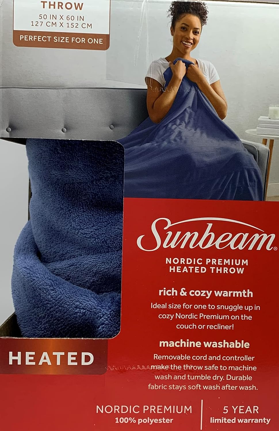 Sunbeam Electric Heated Throw Blanket Nordic Premium Plush with 4 Heat Settings Controller, Auto Shut-Off, Machine Washable UL Certified 50" x 60" (Blue)