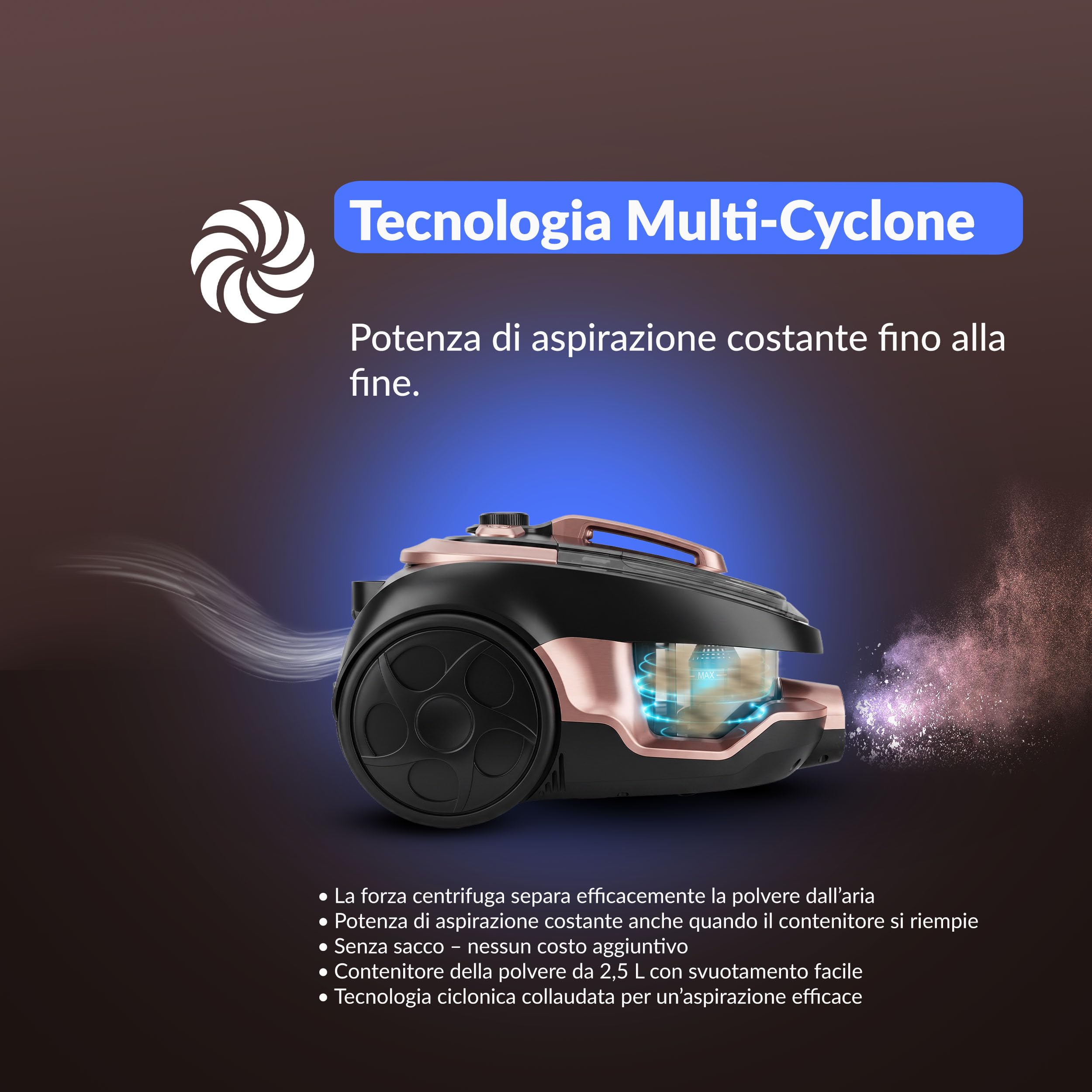 LEHMANN Aspirapolvere a Traino senza Sacco, Potente Tecnologia Ciclonica, Filtro HEPA Doppio, Capacità Serbatoio 2,5 L, Raggio d’azione 9 m, Set 5 Accessori con Spazzola Turbo per Peli Animali