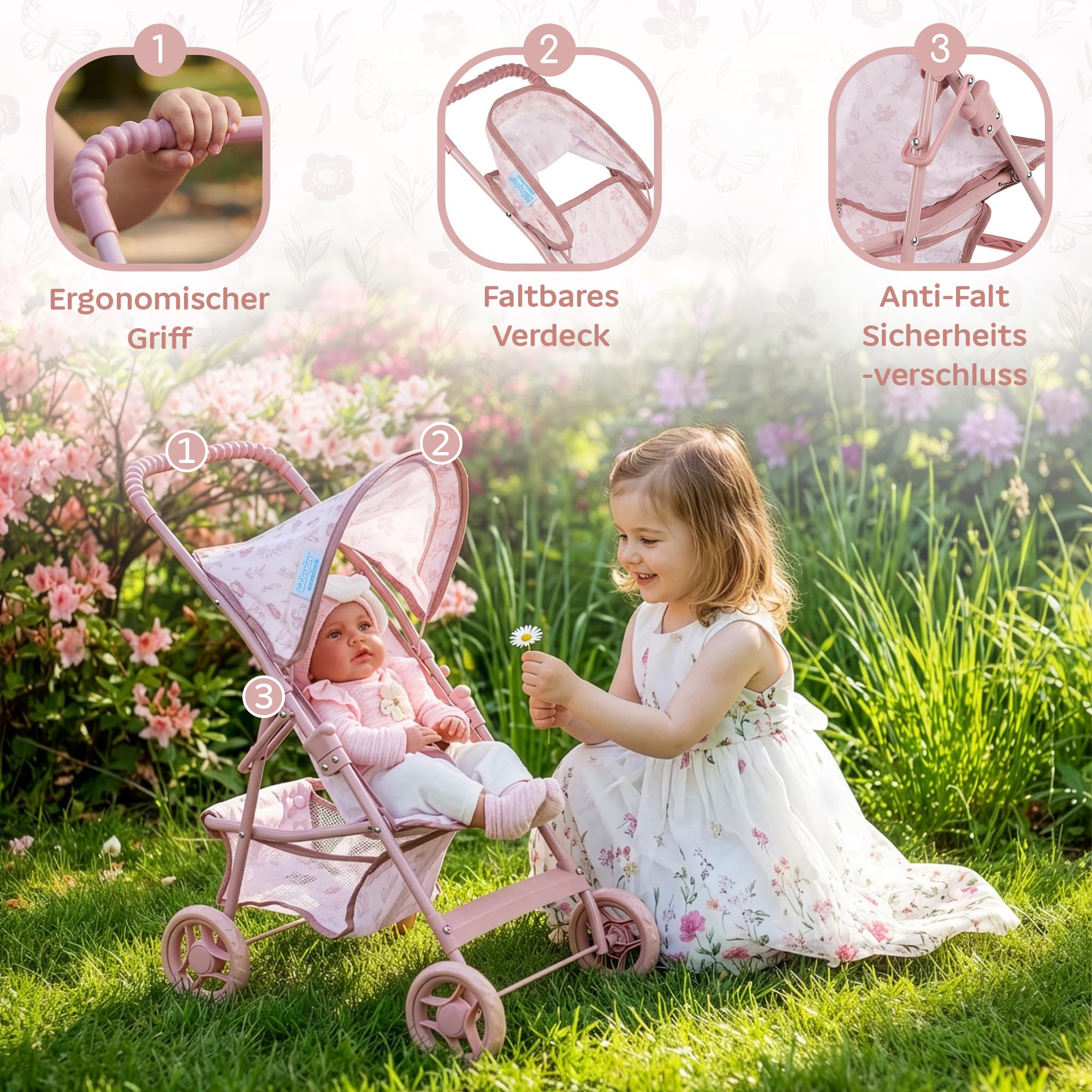 Kinderplay Puppenbuggy ab 2 Jahren – Leichter Faltbarer Puppenwagen mit Verdeck & Einkaufskorb, Stabiler Rahmen, Klappbarer Puppenkinderwagen KP0280A