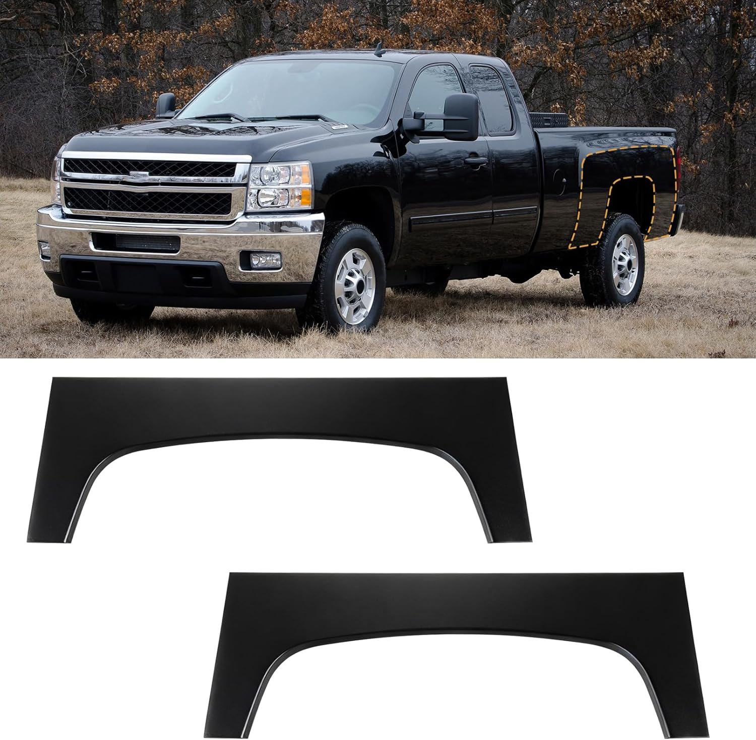2 Pcs Rear Wheel Arch Repair Panel Fit For 2007-2013 Chevy Chevrolet Silverado 1500 2500HD Truck Bed Upper Wheel Arch Patch Quarter Panels Replacement For Driver & Passenger Side, Black