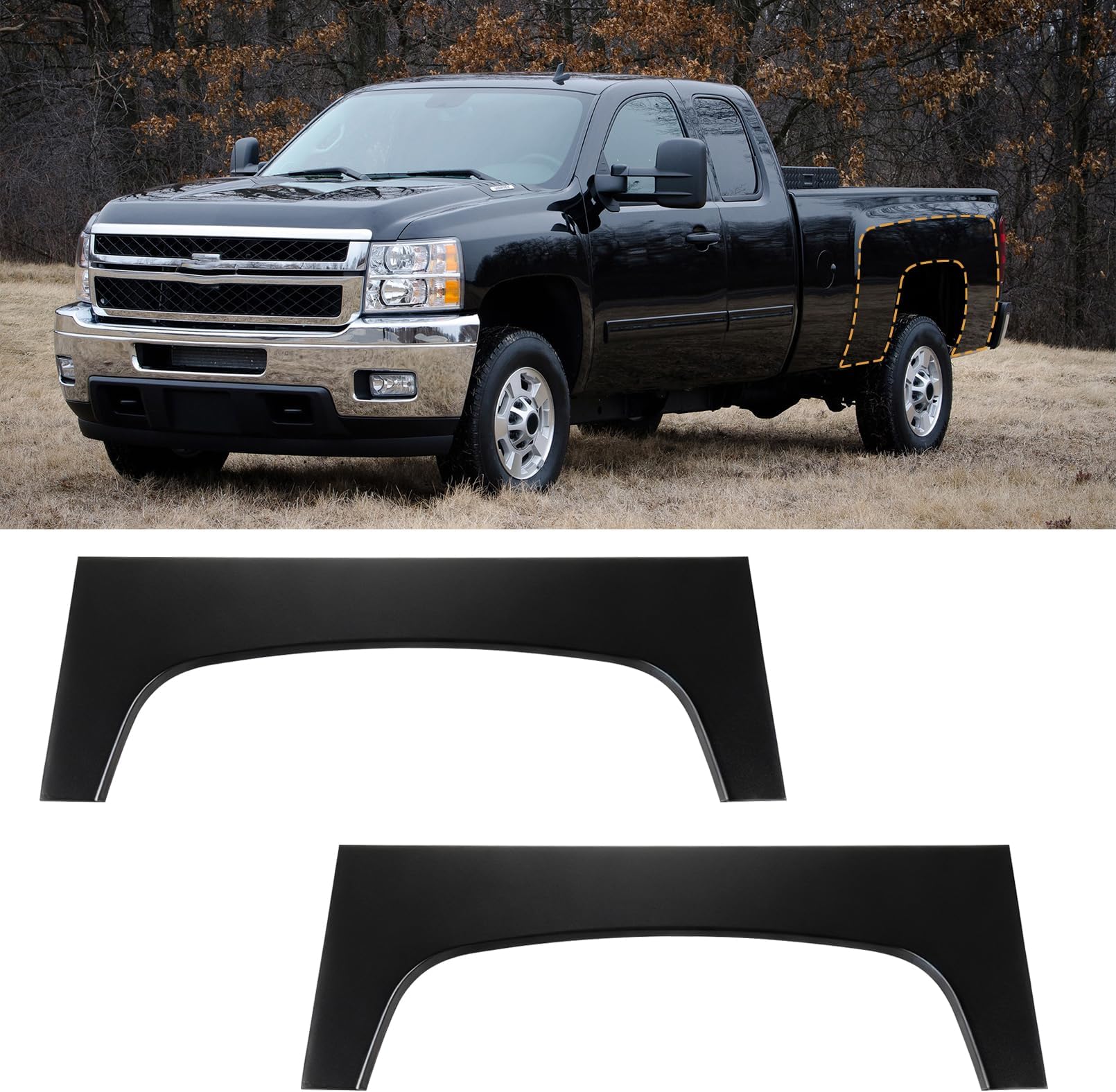 2 Pcs Rear Wheel Arch Repair Panel Fit For 2007-2013 Chevy Chevrolet Silverado 1500 2500HD Truck Bed Upper Wheel Arch Patch Quarter Panels Replacement For Driver & Passenger Side, Black