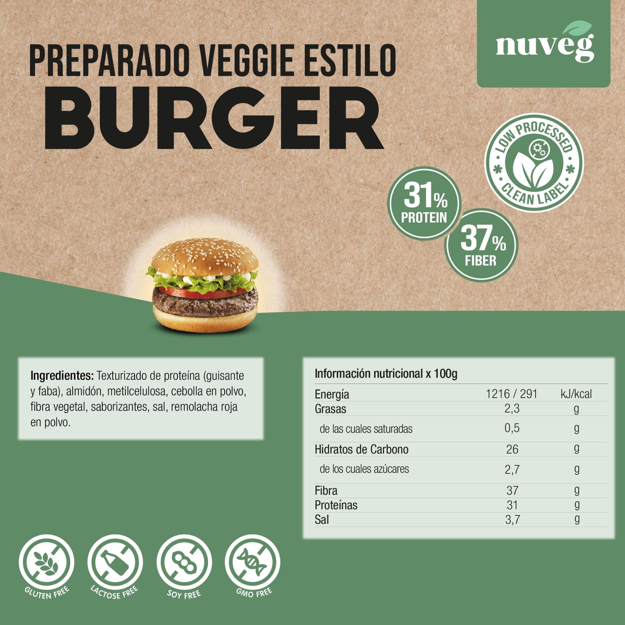 NUVEG Preparado Veggie para Hamburguesa Vegetal, Dieta Vegana y Vegetariana, Alto en Proteínas y Fibra, Sin Gluten y Sin Lactosa, Comida Preparada en Conserva, Fácil y Rápida, Pack 2, 270g