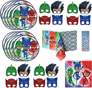 PJ Masks Birthday Party Supplies Bundle Pack for 16 includes 16 Paper Plates 7", 16 Napkins, 1 Table Cover, 16 Party Paper Masks
