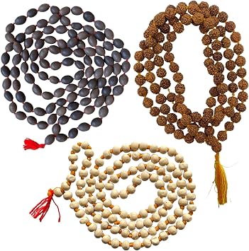 NAISHA  Pack of 3 Rudraksha Mala, Tulsi Japa Mala & Original Kamal Gatta Mala Lotus Seeds Lakshmi Puja Mala Natural Himalaya 5 face Panch Mukhi Rudraksha
