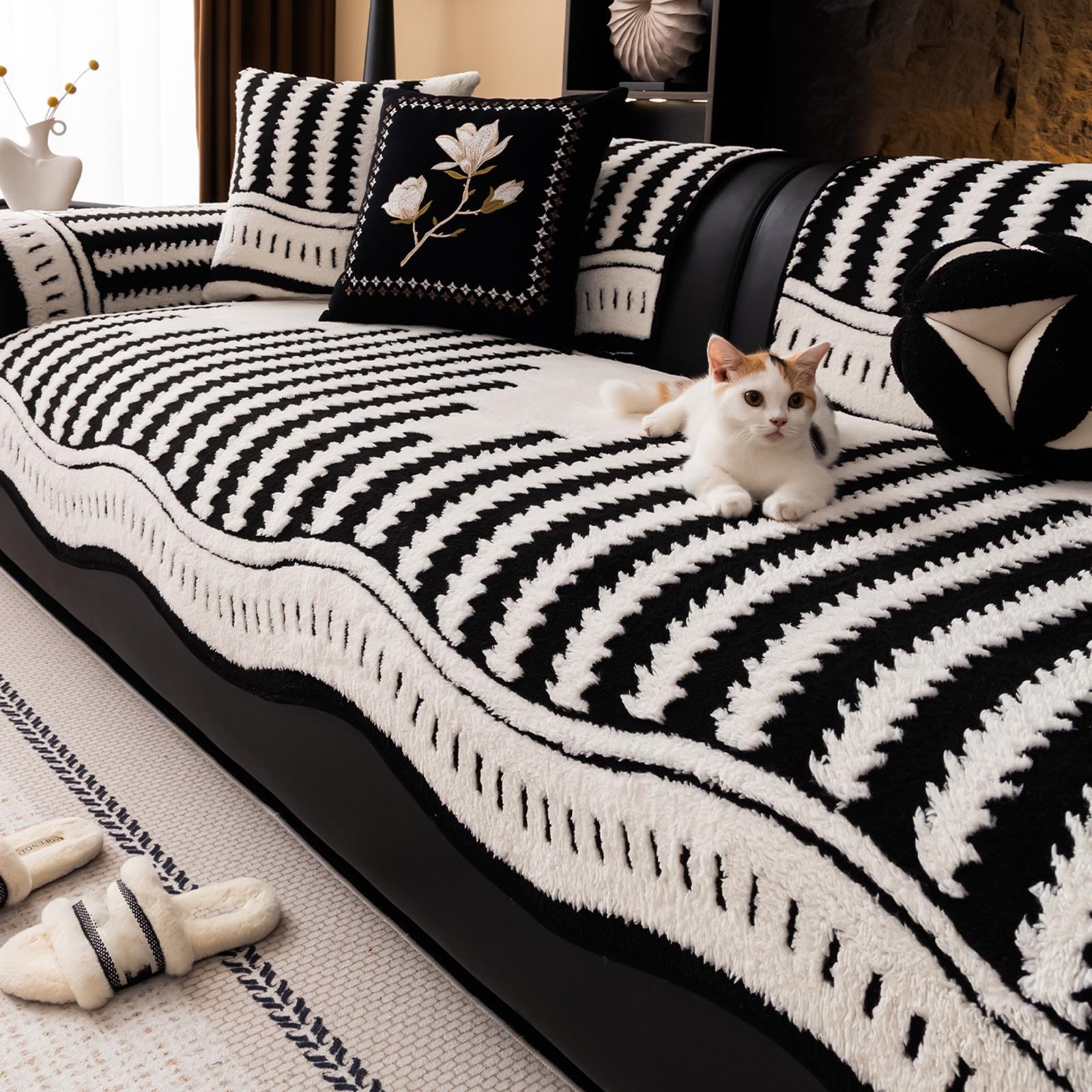 Tapis couverture chien pour canapé, protège-fauteuil pelucheux lavable et antidérapant noir