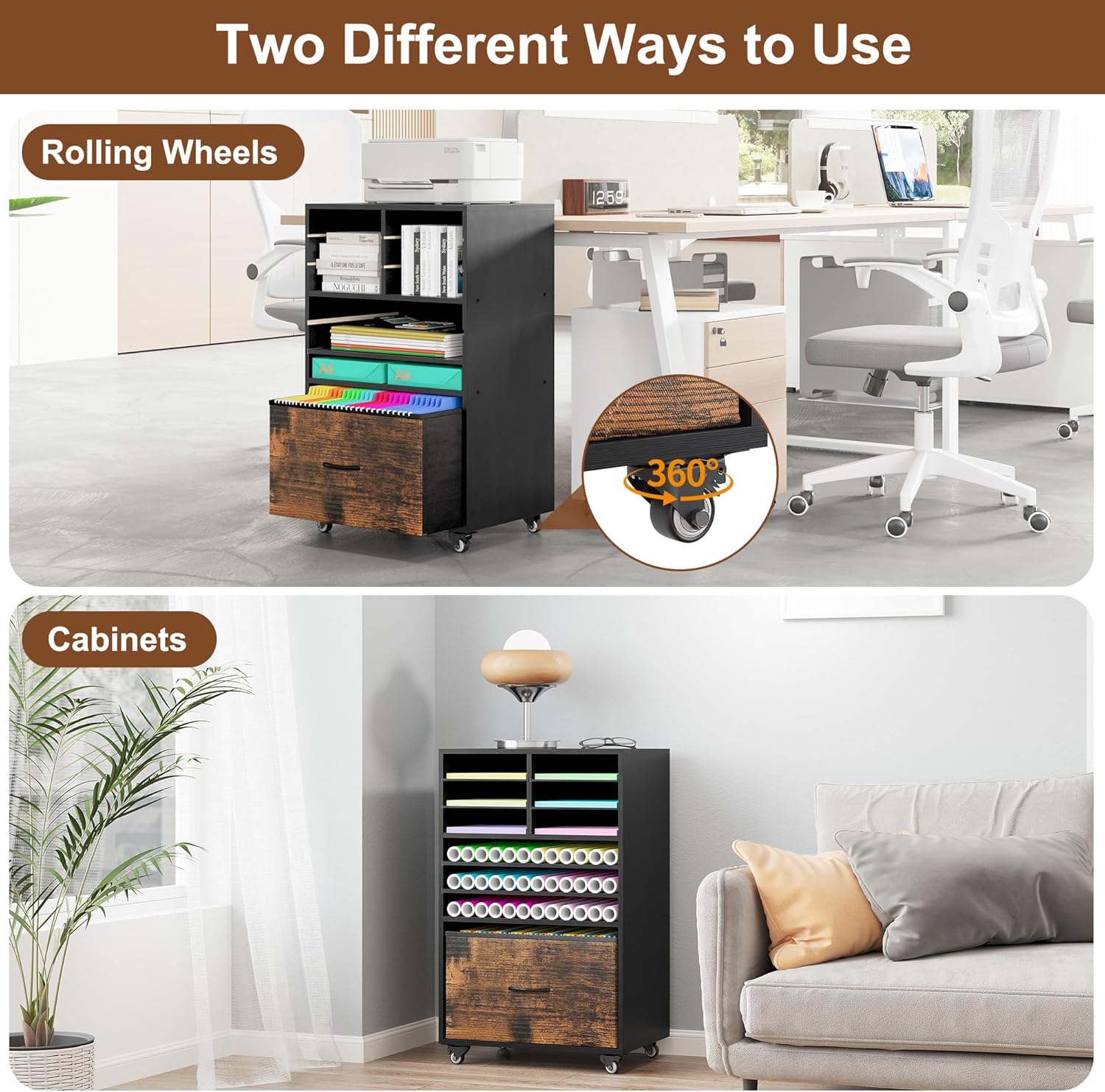 7-Tier Wooden Craft Storage Cart with Drawer, Cricut Storage Organizer with Vinyl Roll Holder, Utility Rolling Organization Cabinet for Cricut Craft Workstation, Black