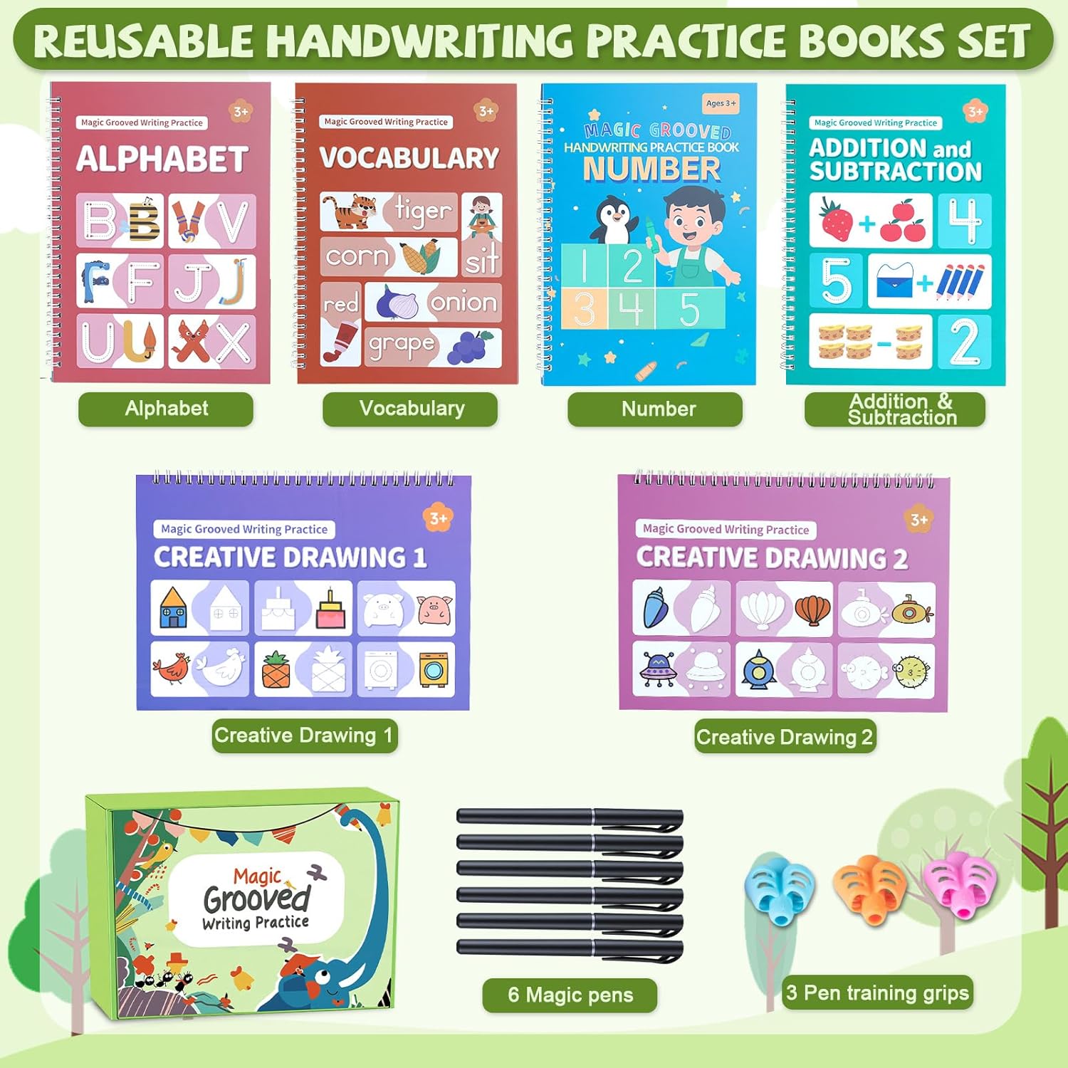 Magic Grooved Writing Practice Books, Reusable Grooved Writing Books for Kids 3-5, Learn to Write Letters Numbers,Math,Tracing, Magic Copybooks Preschool Learning Activities-1Pack
