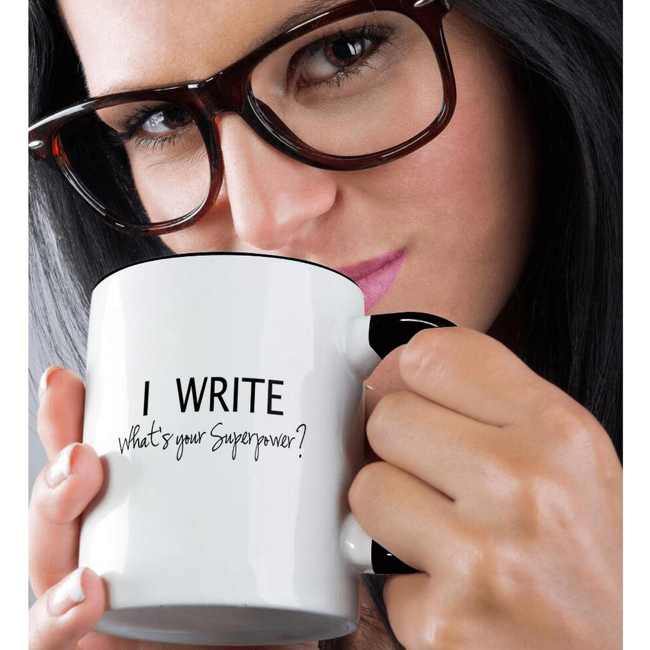 3dRose mug_194455_4 I Write - What's Your Superpower - Fun Gift For Writers - Writing Love Mug, Black, 11 oz