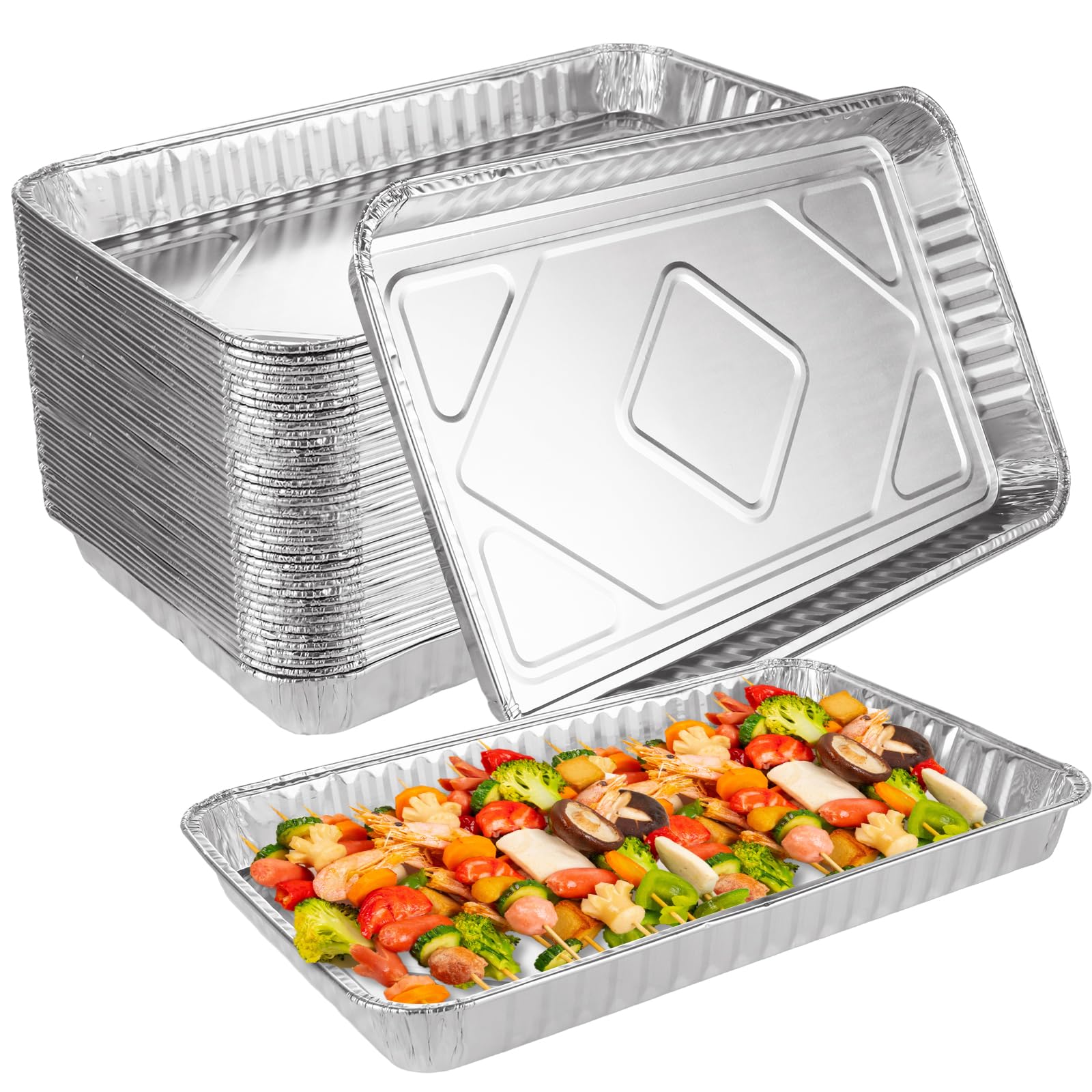 Paquete de 50 bandejas de aluminio desechables para hornear de 12.6 x 8 pulgadas, bandejas de papel de aluminio desechables, sartenes antiadherentes resistentes
