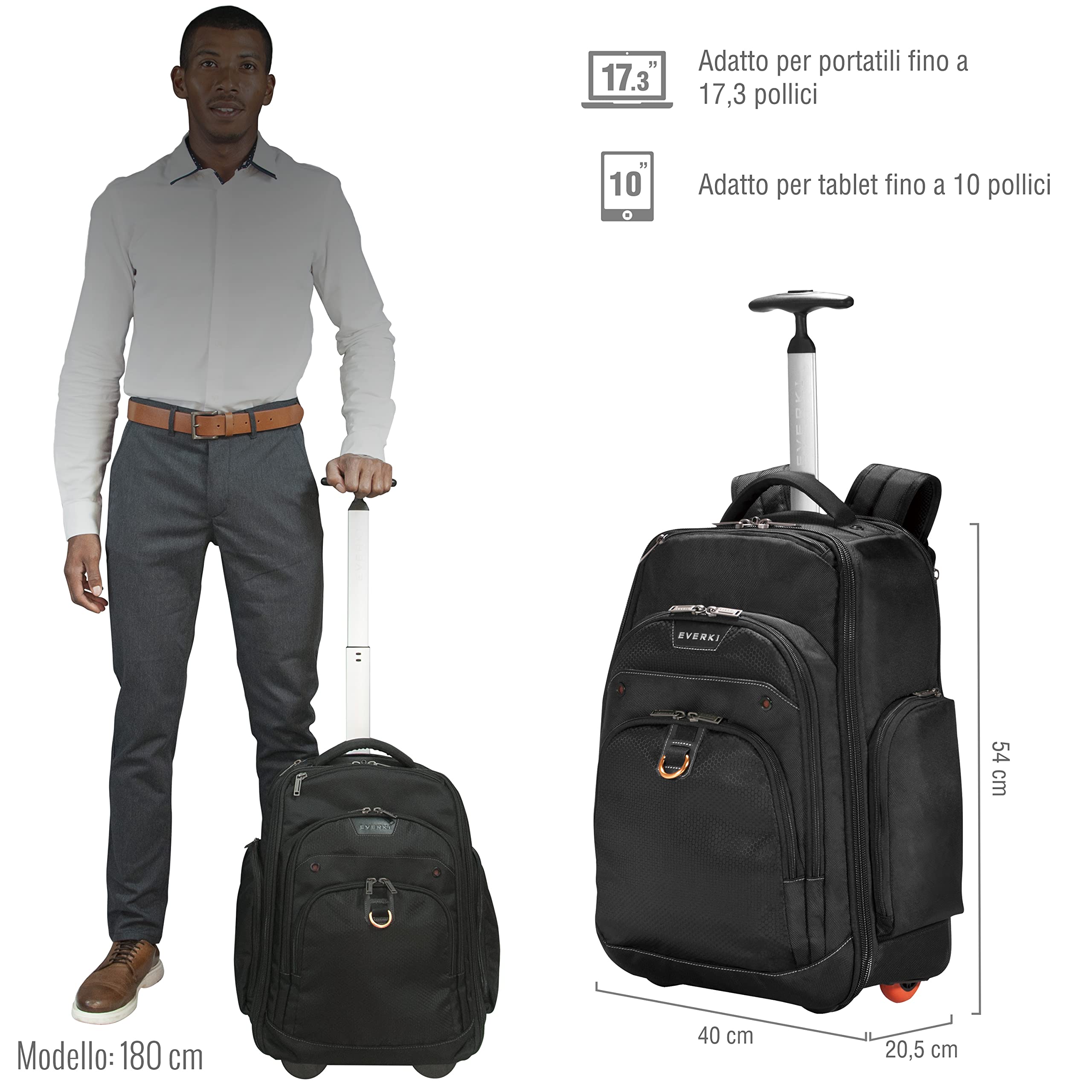 Everki Atlas Wheeled Zaino Trolley 30 L per Laptop – Bagaglio a Mano per Donna e Uomo – Scomparto Regolabile per 13"–17,3" – Nero (EKP122)