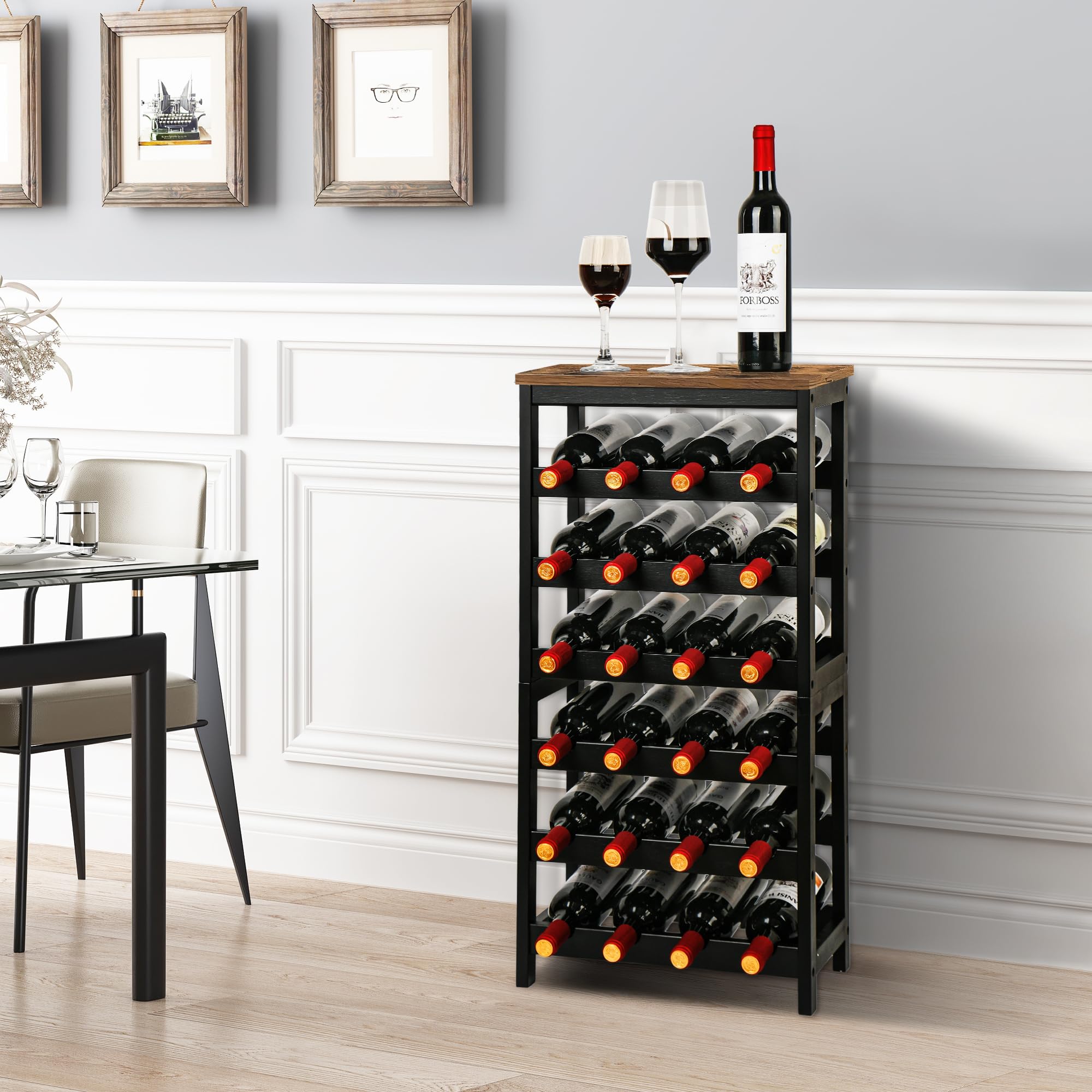 VASMIA Cantinetta Portavino in Legno Bambù con 24 Scomparti per Vino Champagne, Portabottiglie da Terra, Cantina per Angolo Bar, Salotto, Cucina,Marrone Vintage