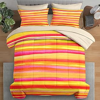 Comforter Set Twin Size, Orange Red Yellow 5 Pcs Bedding for Kids and Adults, Pink Rainbow Dye Bed Sheet Sets with Fitted Sheet Pillowcase & Sham for Bedroom Bed Decor