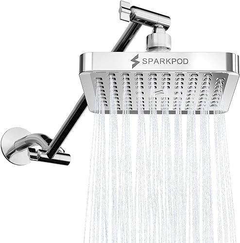 SparkPod Cabezal de ducha tipo lluvia cuadrado con brazo de extensión, cabezal de ducha de altura ajustable con rendimiento de alta presión, fácil