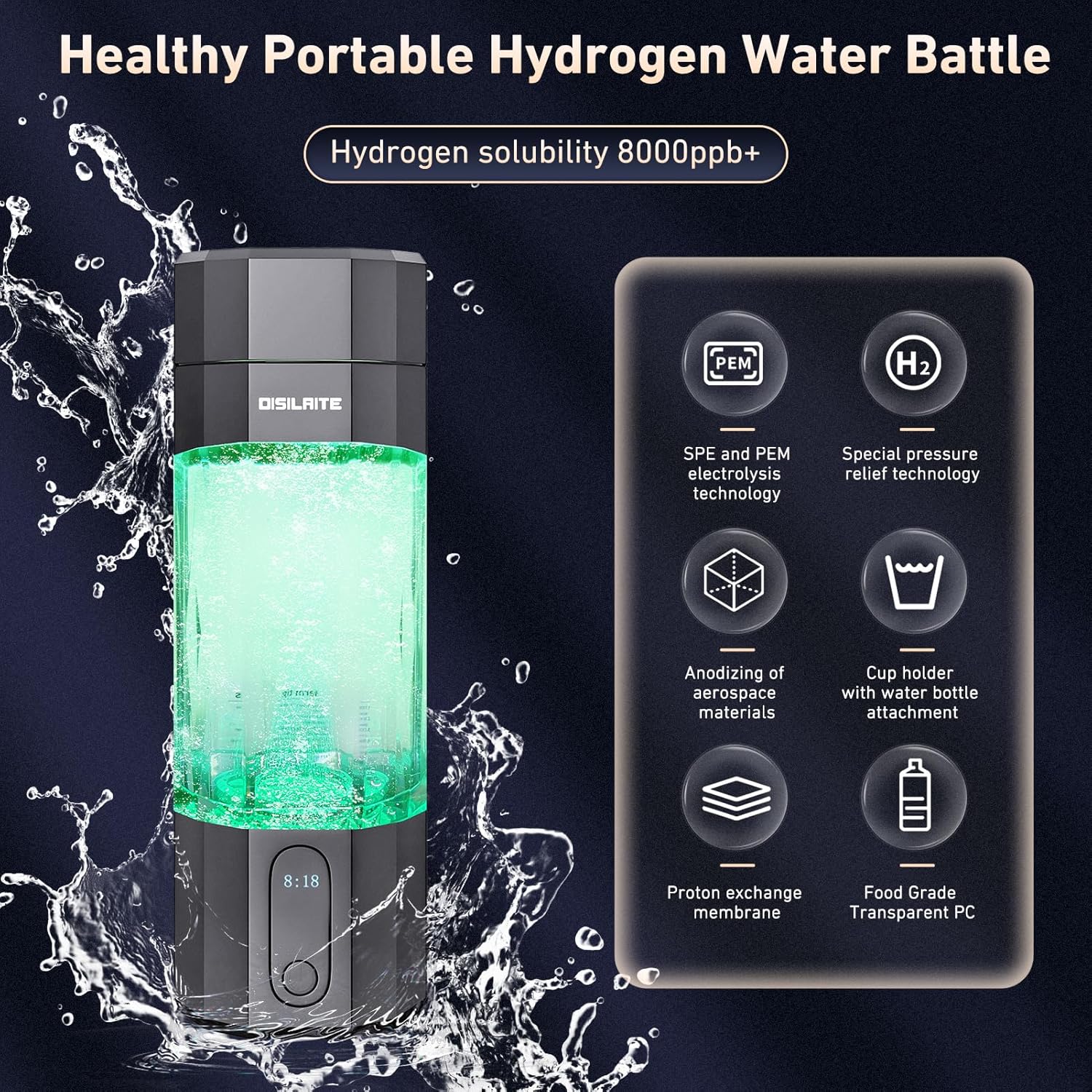 10000PPB+ Hydrogen Water Bottle SPE PEM Technology Hydrogen Water Generator with Seven Colorful Light-Best Hydrogen Water Technology (S-Gray) - Image 2