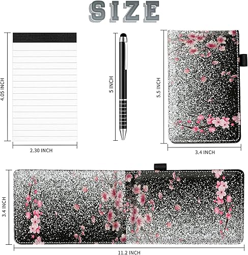 Miniatura 2 de Juego de 4 mini bloc de notas de bolsillo, funda de piel sintética con purpurina Sakura para cuaderno con 2 ranuras para tarjetas, 1 lápiz