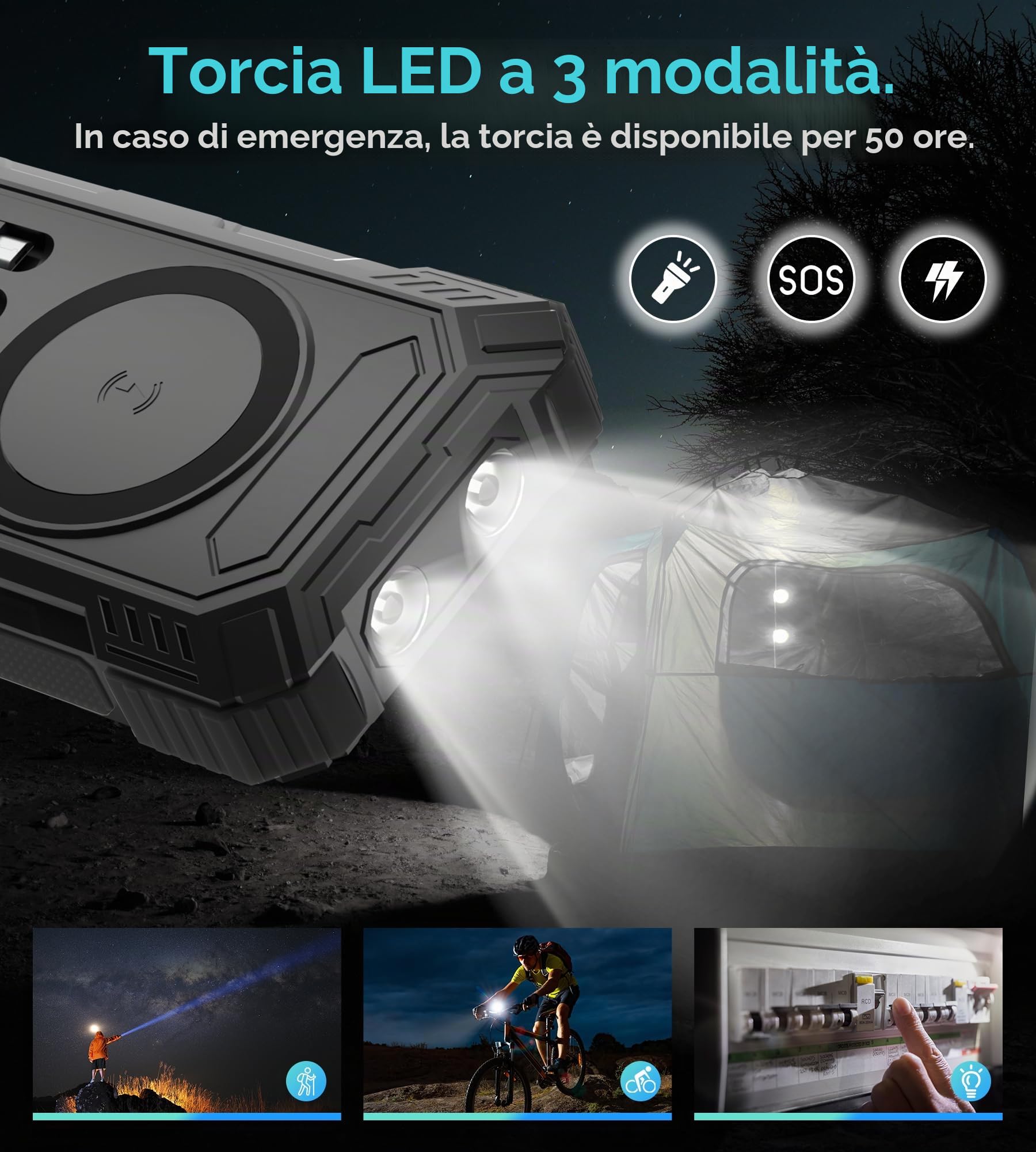 Power Bank Solare 56800mAh: 30W PD 3.0 A USB C Powerbank Ricarica Rapida con 4 Cavi, 6 Uscita & 4 Ingresso, 15W Ricarica Wireless, Spie luminose a LED, Torcia, Caricatore Portatile con Smartphones