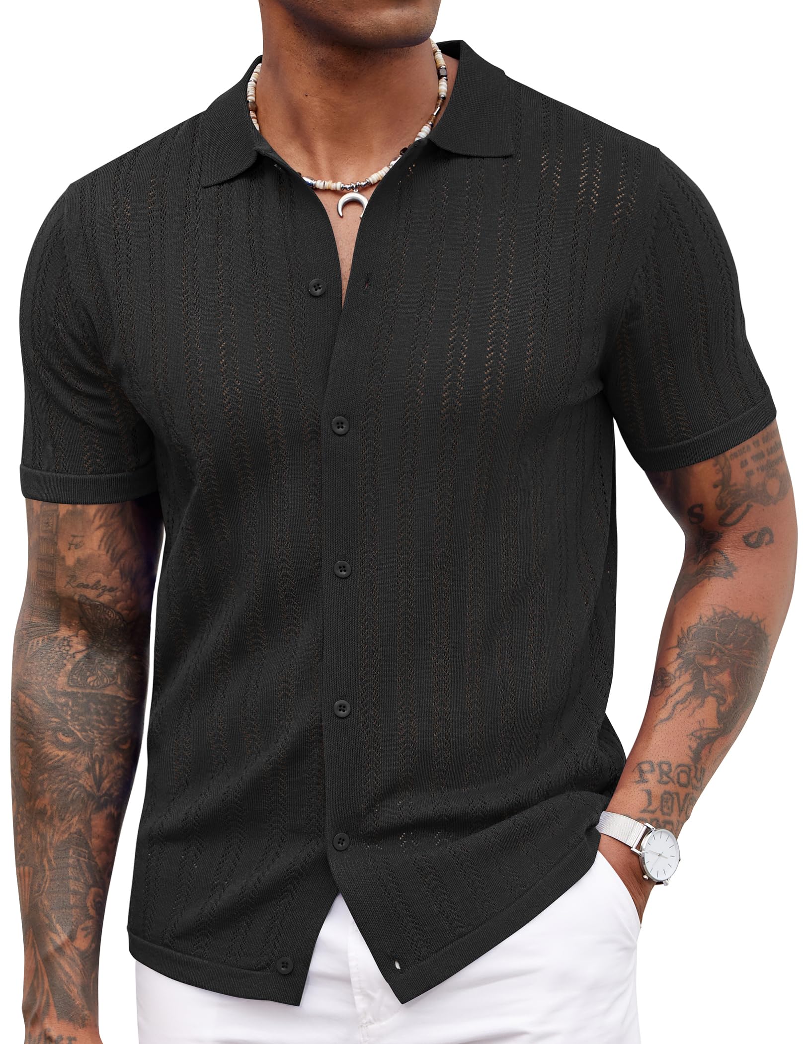 COOFANDY Men's Knit Shirts Short Sleeve Button Down Polo Shirt Crochet Casual Vintage Summer Beach Shirts