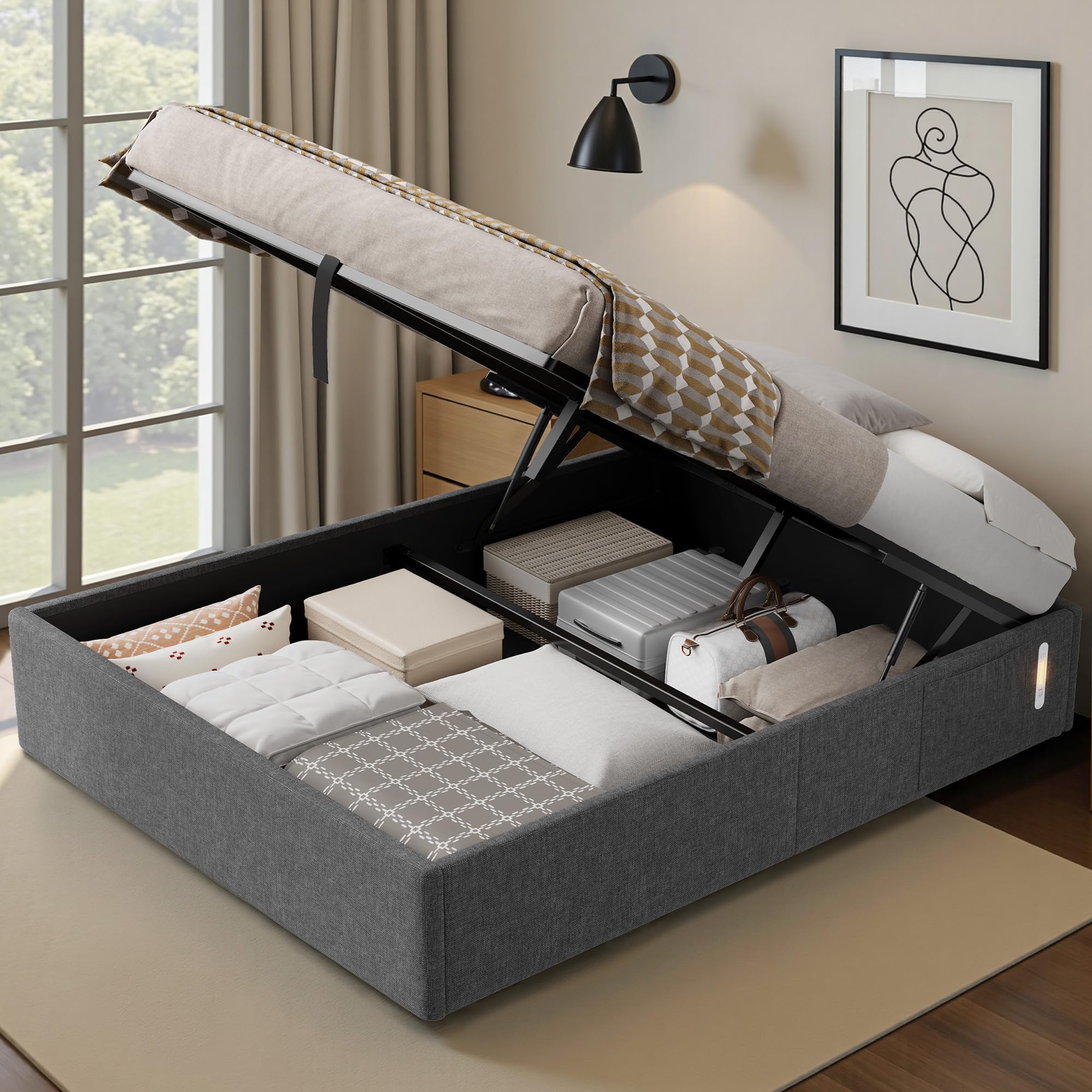 LUXOAK Bett 140x200 cm mit Stauraum und Gasdruckfeder, USB-Anschluss, LED-Nachtlicht, Seitentasche, geräuscharm, einfache Montage, kein Boxspring nötig, grau