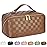 Large Capacity Travel Cosmetic Bag - Portable Makeup Bags for Women Waterproof PU Leather Checkered Makeup Organizer Bag with Dividers and Handle,Toiletry Bag for Cosmetics, Brown