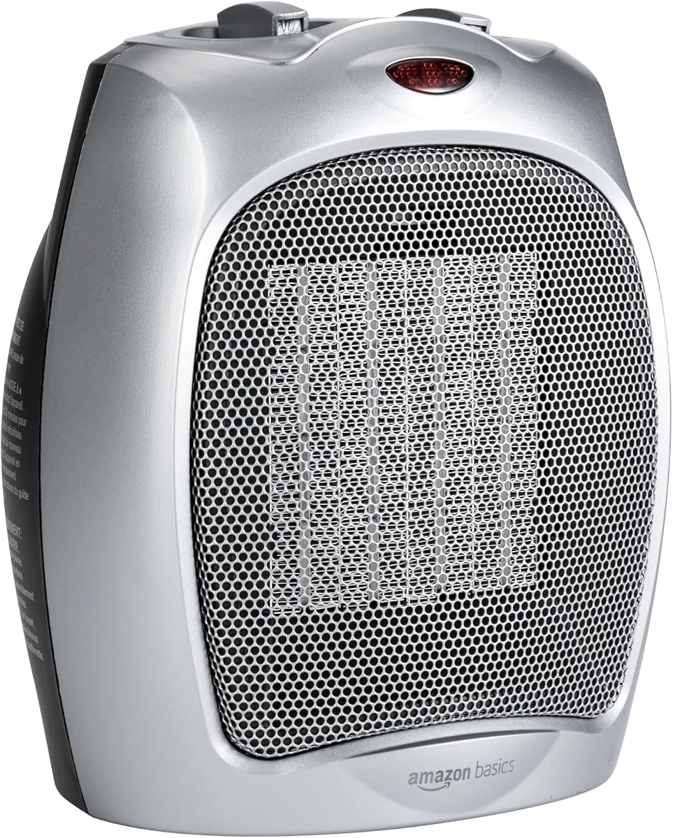 Calentador de cerámica, solución de calefacción interior portátil, con protección contra sobrecalentamiento y vuelco, termostato, no oscilante, 1500 W, calentamiento rápido, 7.52"D x 6.34"W x 9.45"H, plateado