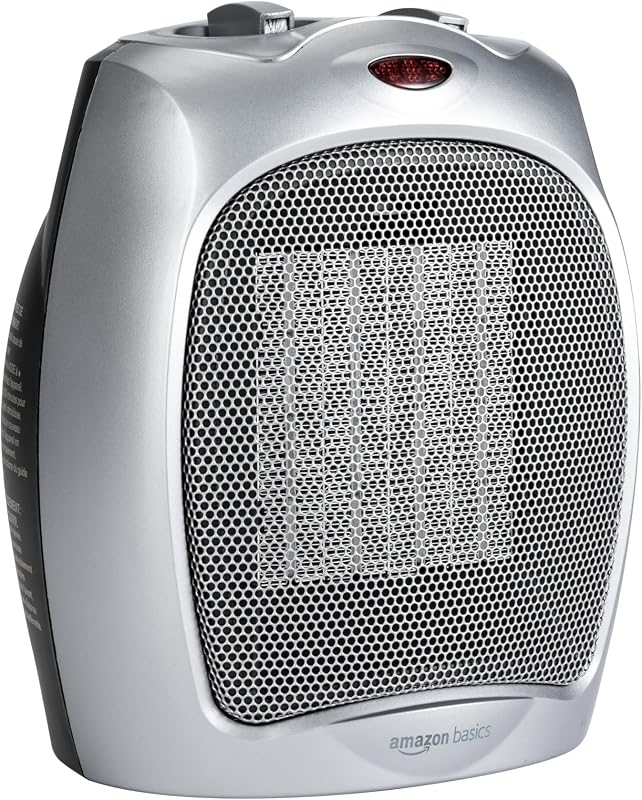 Calentador de cerámica, solución de calefacción interior portátil, con protección contra sobrecalentamiento y vuelco, termostato, no oscilante, 1500 W, calentamiento rápido, 7.52"D x 6.34"W x 9.45"H, plateado