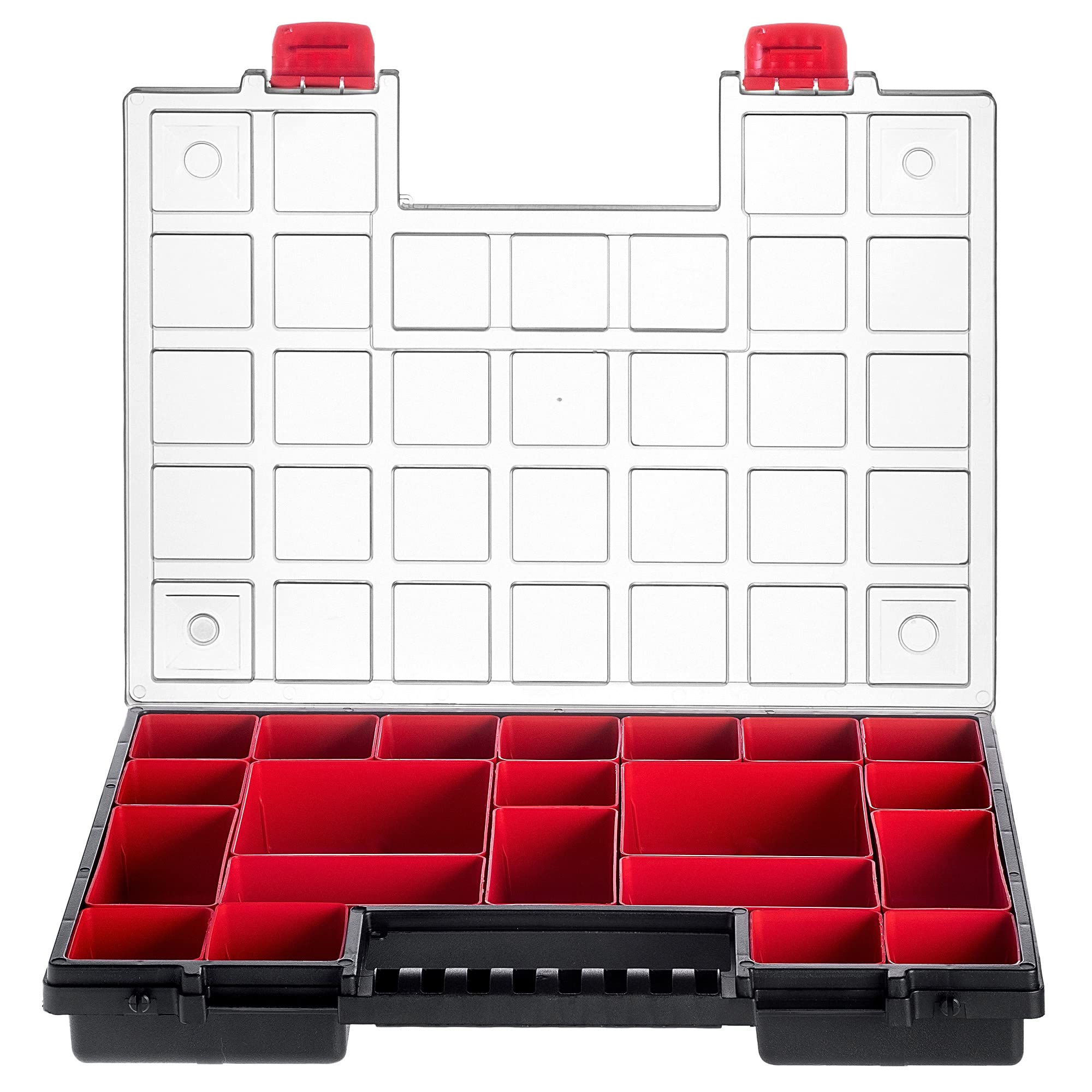 KADAX Organizer con Coperchio Trasparente – Cassetta Porta Minuteria a Scomparti per Viti, Bulloni, Ferramenta, Officina e Garage – Plastica Resistente (40 x 30 cm, 12 Pezzi)