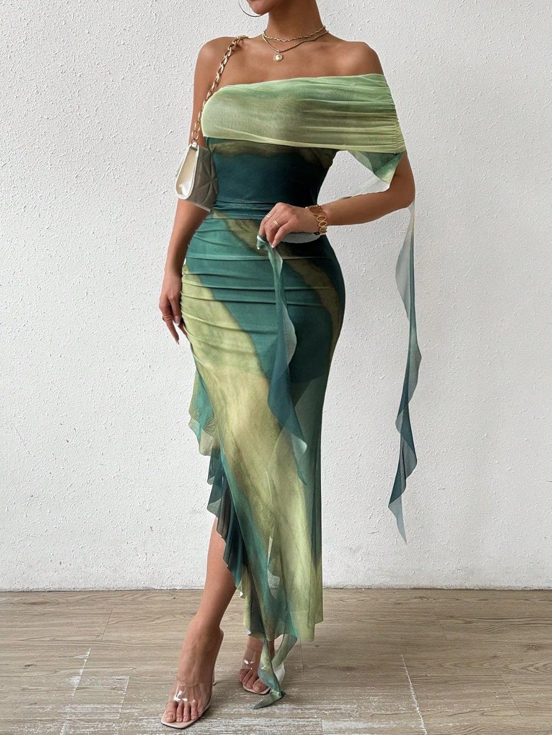 LIGHT DOT Women's Printed One Shoulder Dress Sleeveless Bodycon Maxi Mesh Layered Tassel Cocktail High Split - Image 4