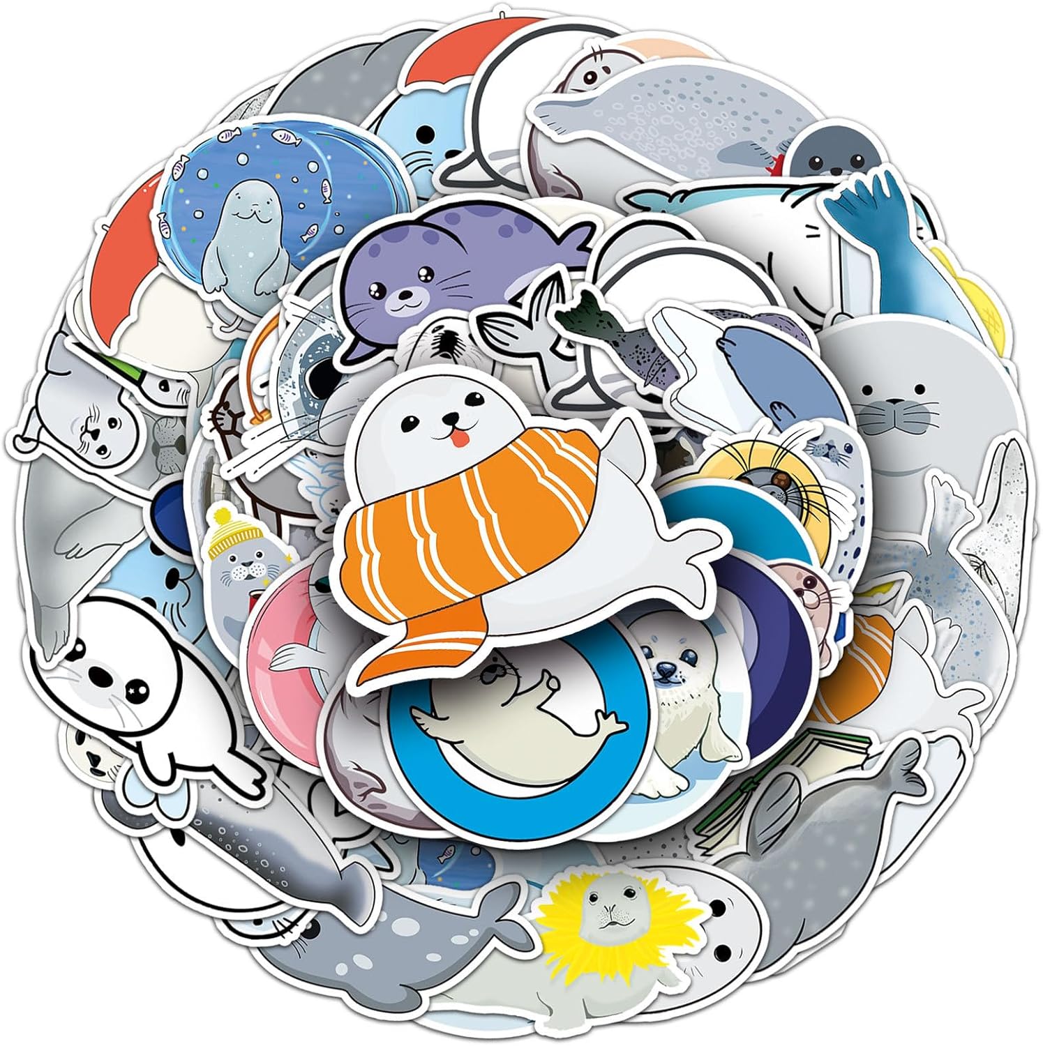 50 Pcs Cute Seal Stickers, 1.96-3.15inch Cartoon Marine Pet Decals, Self-Adhesive for Scrapbooking, Kids' Room Decoration, Ocean Theme Setup(Seal)