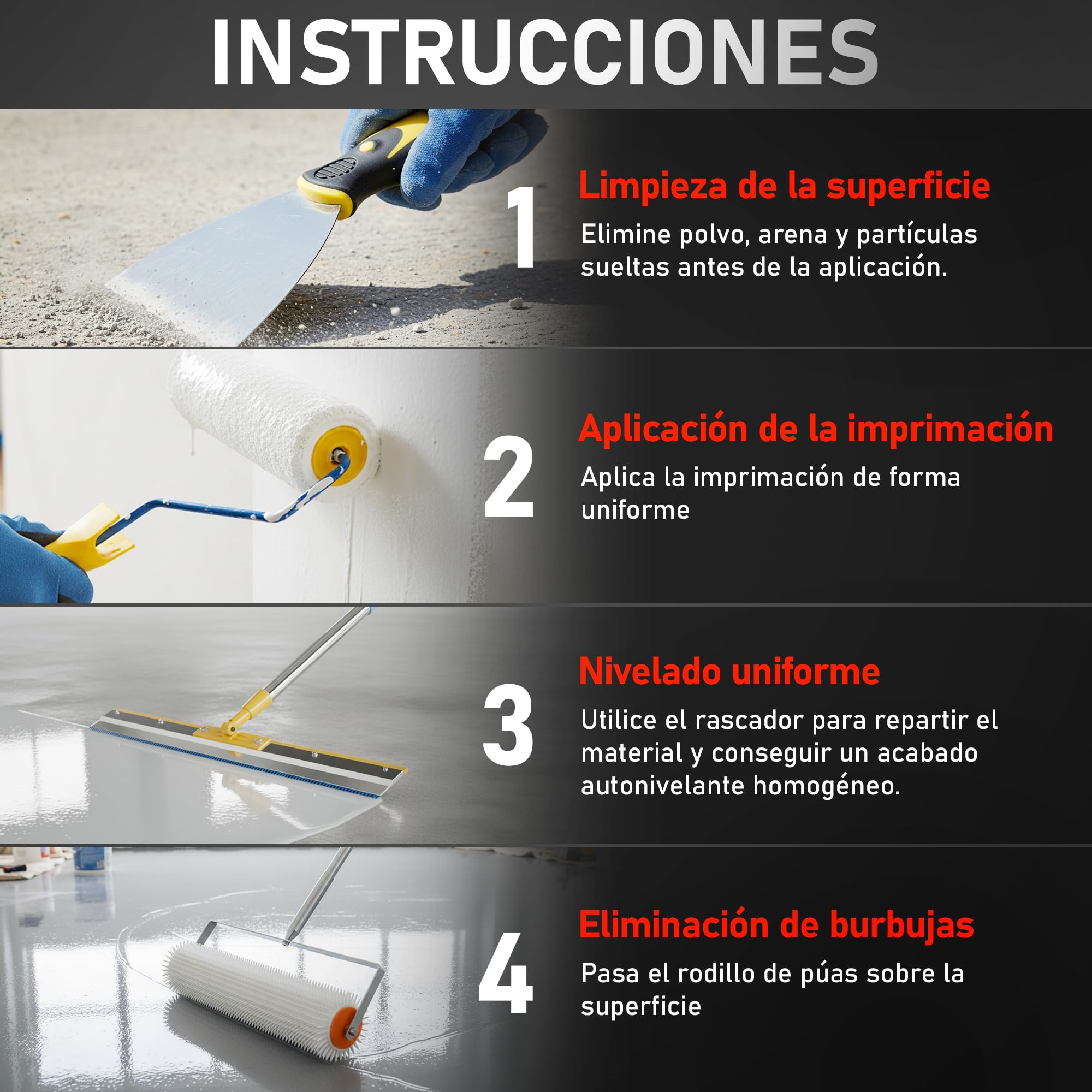 Kit de Autonivelante para Suelo de Cemento | Incluye Rodillo de Púas 11mm, Rascador nivelador de Acero Inox, Suela de Zapatos con Clavos, Palo Telescópico, Rodillos, Espátula y Guantes