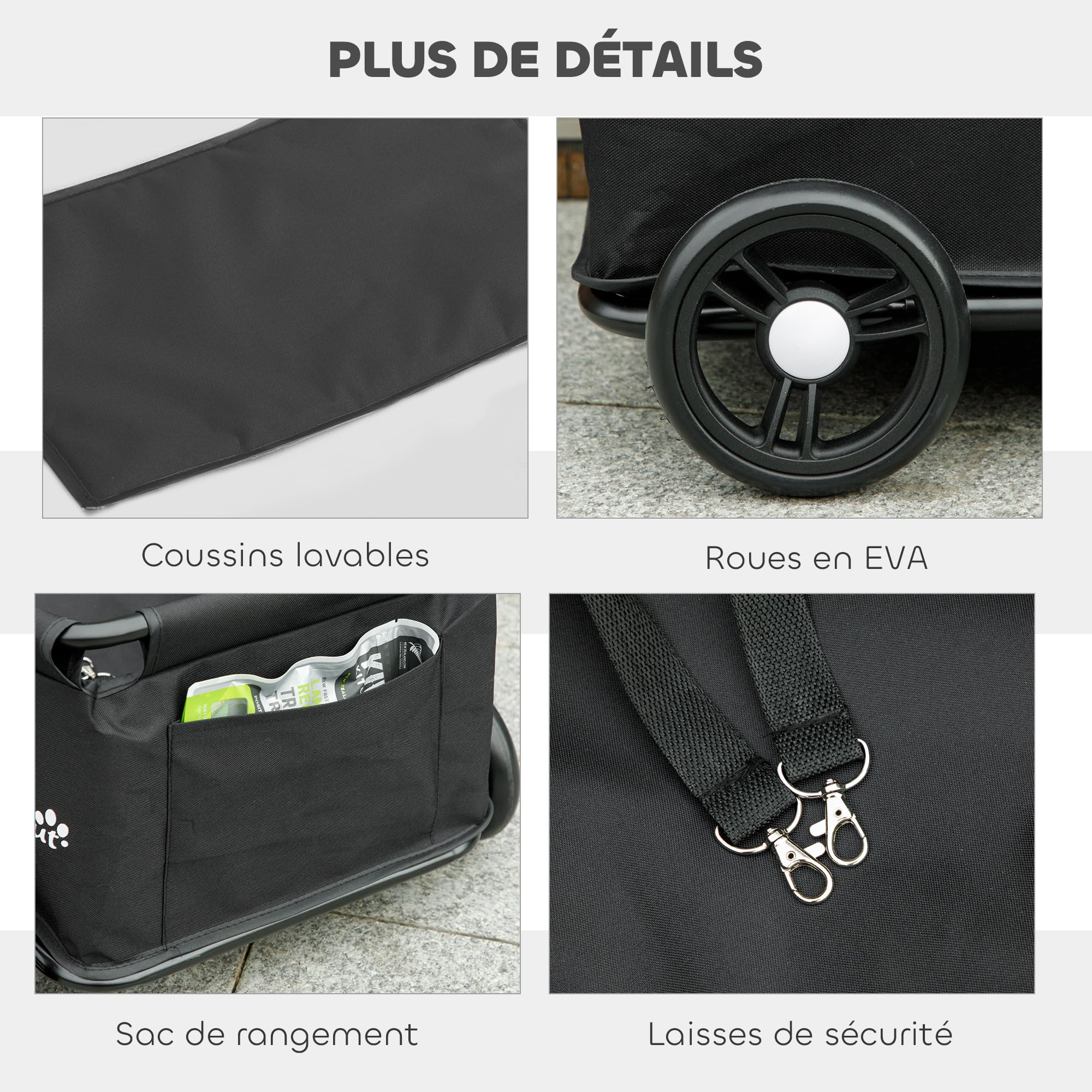 PawHut Poussette pour chien, poussette chien pliable à 4 roues, avec tige de poussée réglable, sac de rangement, coussin lavable, pour animaux jusqu'à 4 kg, noir