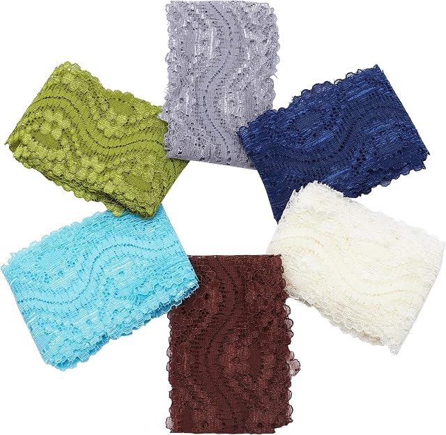 GORGECRAFT 6 Colors 12 Yards Stretch Lace Ribbon Trim Flat Polyester Elastic Floral Lace Ribbons Wave And Flower Pattern For Crafts Dress Tablecloth Blankets Clothes Decorating