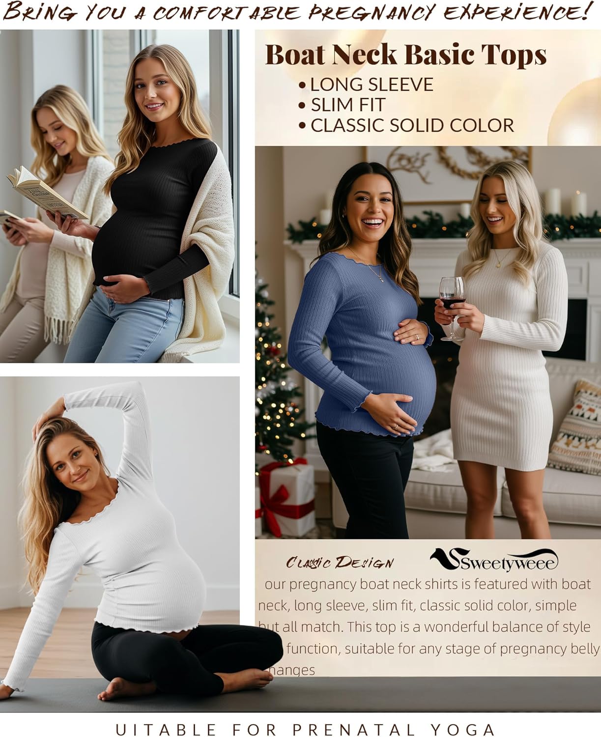 3 Pack Women's Maternity Ribbed Shirts Cotton Long Sleeve Pregnancy Tees Boat Neck Basic Tops Knit Clothes - Image 3