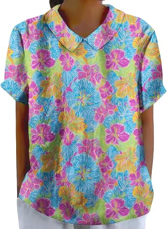 BIVENANT Ladies Hawaii Tropical Flowers Print Boho Graphic Tees Short Sleeve Peter Pan Collar Cute Spring Clothes