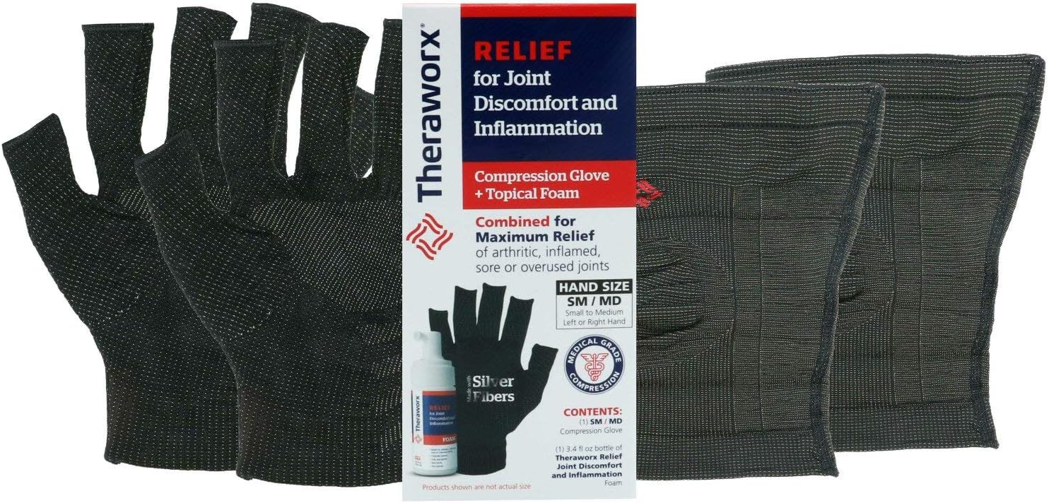 Theraworx Relief Joint Discomfort 3.4 Oz Foam, 2 Compression Gloves and Knee Sleeves