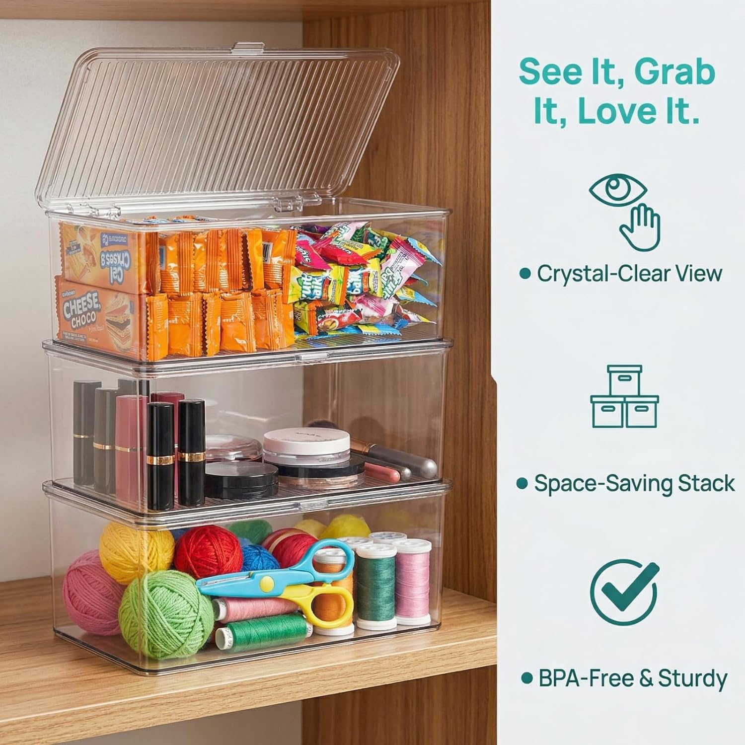 ZENFUN Set of 3 Small Stackable Storage Bins with Hinged Lid, Acrylic Organizer Box, Clear Makeup Organizer Box, Cosmetic Case for Home, Office