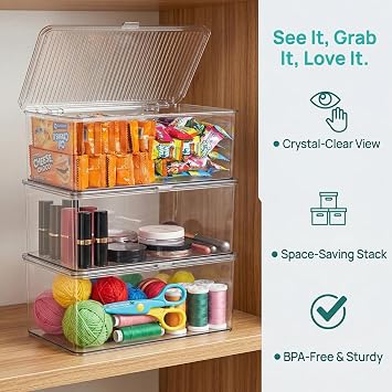 ZENFUN Set of 3 Small Stackable Storage Bins with Hinged Lid, Acrylic Organizer Box, Clear Makeup Organizer Box, Cosmetic Case for Home, Office