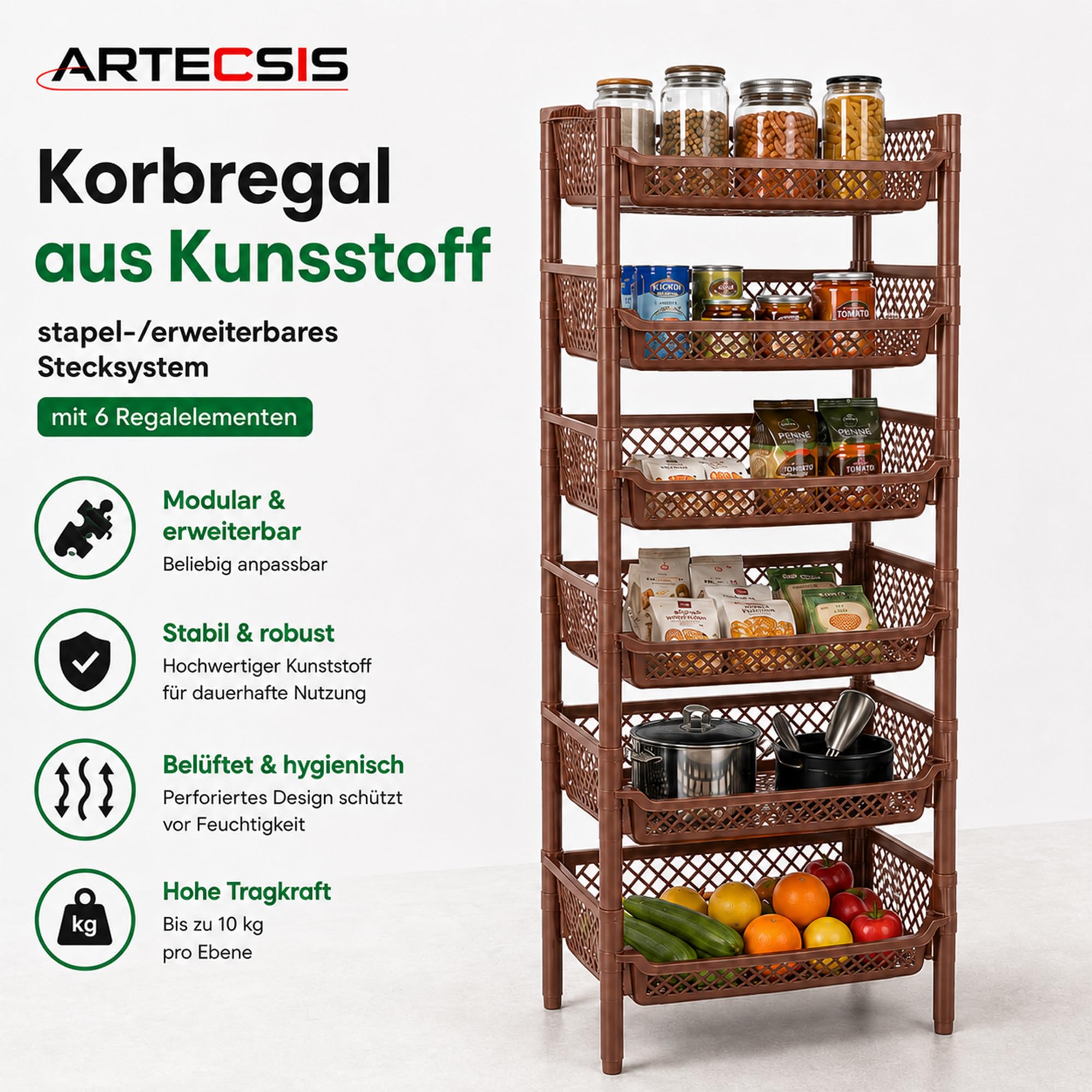 ARTECSIS Korbregal aus Kunststoff stapel-/erweiterbares Stecksystem als Stapelregal, 6 Regalelemente in Braun