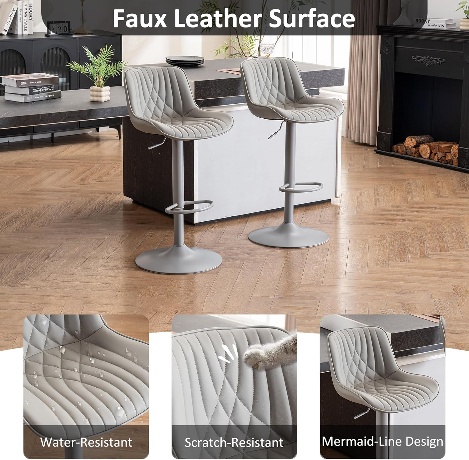 YOUTASTE Faux Leather Bar Stools Set of 2, All Grey Upholstered Counter Height Barstools with Back, Adjustable Swivel Stool Chair with Grey Metal Base for Home Kitchen Island