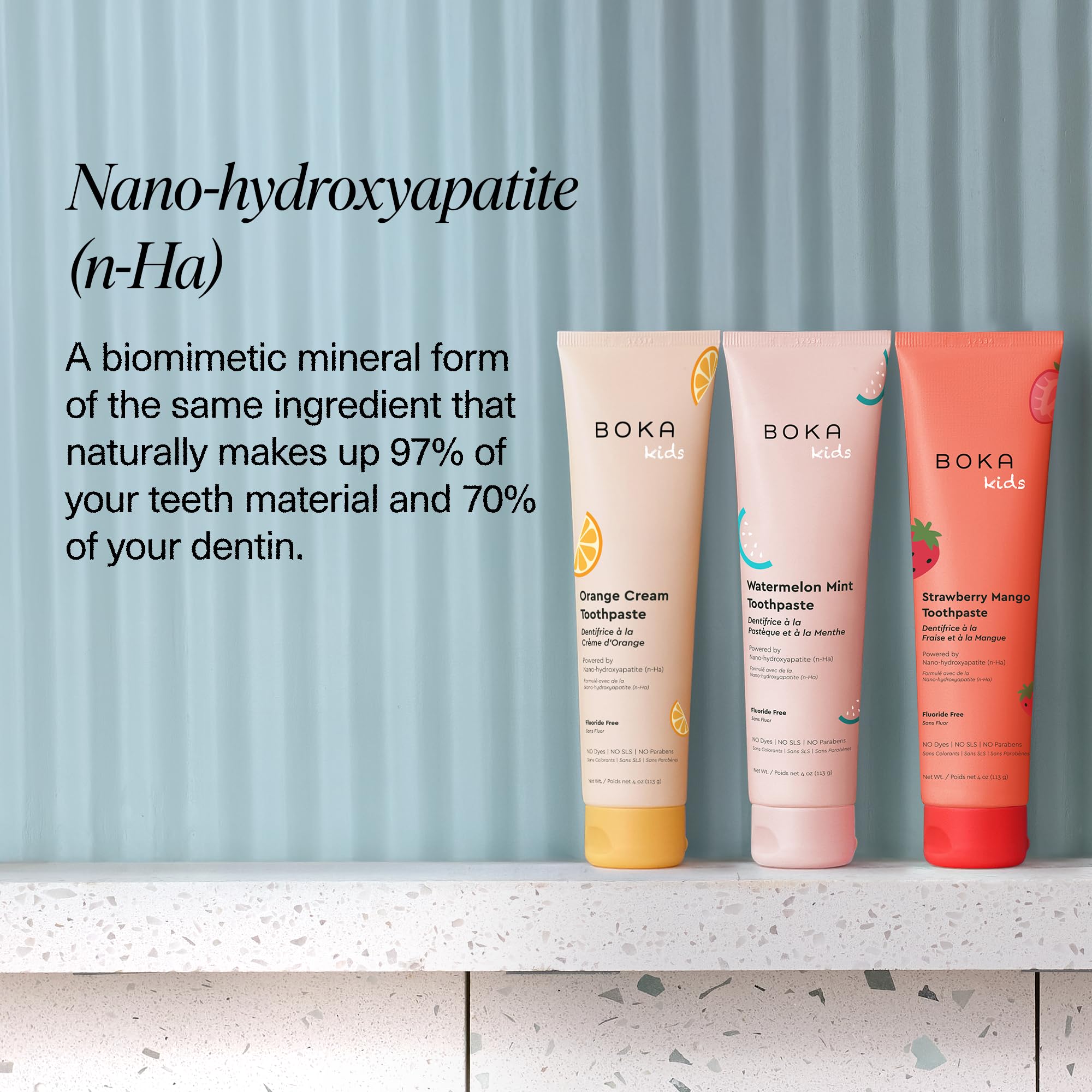 Boka Lot de 3 dentifrices sans fluorure Nano Hydroxyapatite, aide à se reminéraliser, convient aux dents sensibles, blanchissant - pour adultes, enfants - crème orange, menthe pastèque, fraise et