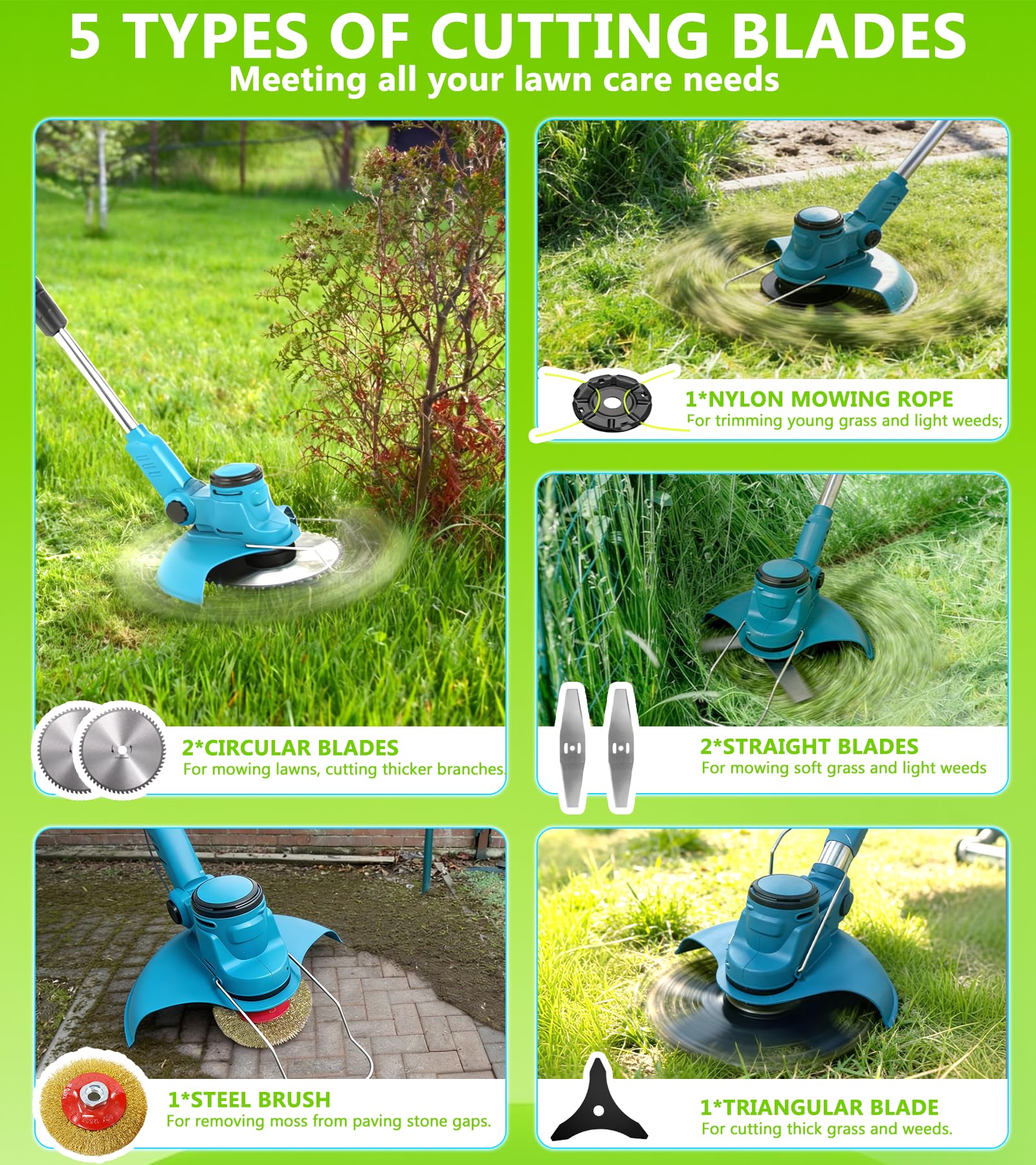 TOPALL Debroussailleuse Electrique Sans Fil, Coupe Bordure Sans Fil avec Batterie 2*4Ah, Debrouissalleuses Batterie avec 1000W Bushesless, 20000trs/min, Coupe 20cm, 5 Types Lames et Brosses Désherbage