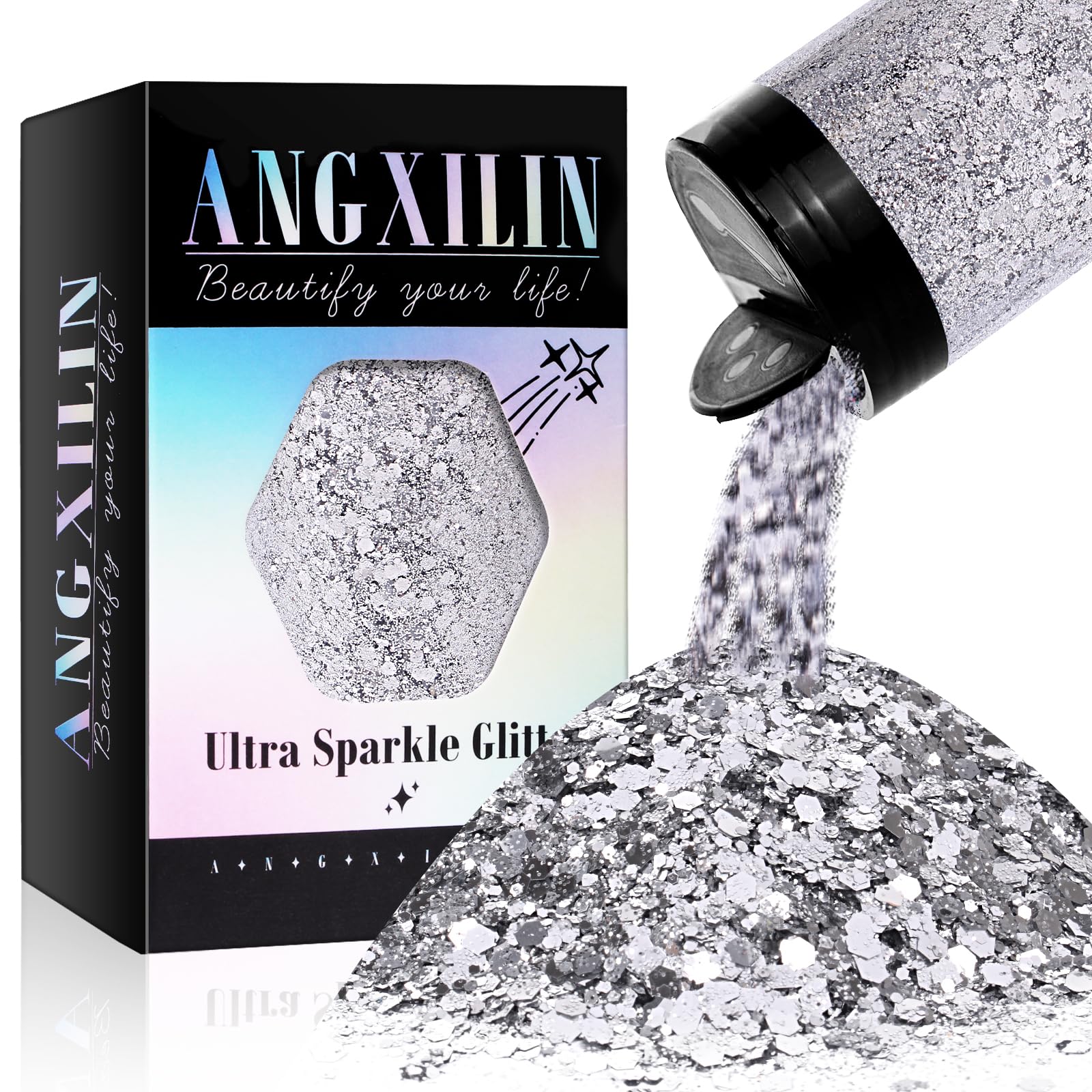 ANGXILIN Holographic Chunky Glitter, 190g/6.7oz Chunky and Fine Mixed Craft Glitter, Bulk Laser Sequin Glitter for Face Body Nail Art,Epoxy Resin