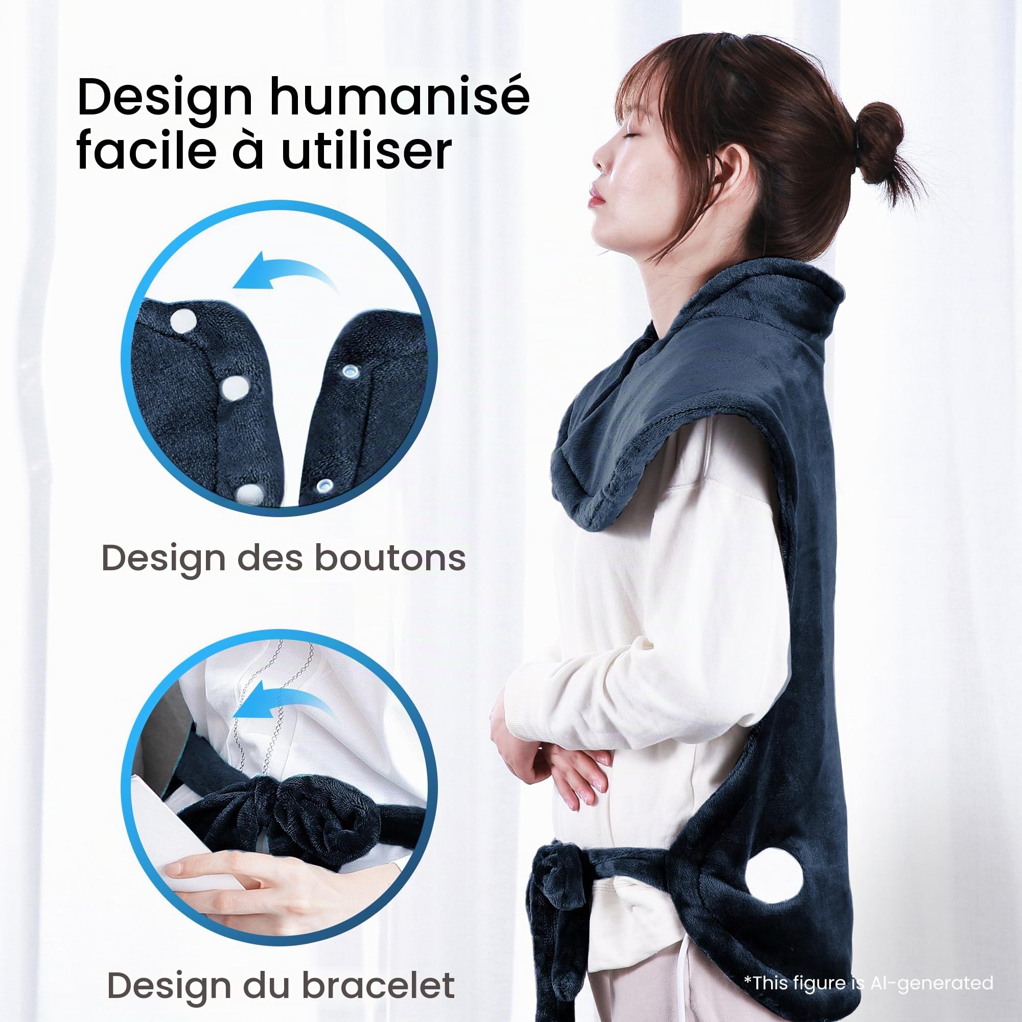 Coussin Chauffant Electrique pour le Dos, Les Épaules, Nuque, Couverture Chauffante 60 x 85 cm, 4 Température Réglable, 90 min Arrêt Automatique et Protection Contre la Surchauffe, Lavable en Machine