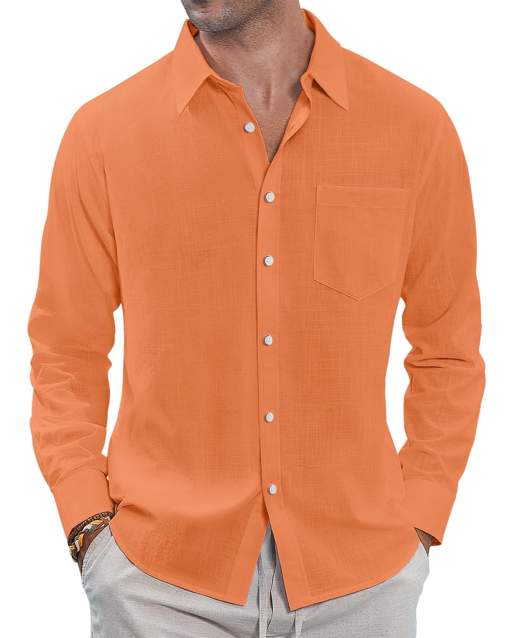 J.VER Men's Linen Shirts Casual Button Down Long Sleeve Shirt Solid Spread Collar Summer Beach Shirts with Pocket