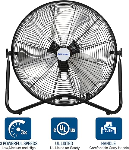 Miniatura 3 de BILT HARD Ventilador de piso de alta velocidad 4650 CFM de 20 pulgadas, ventilador de metal resistente de 3 velocidades con sistema de montaje en