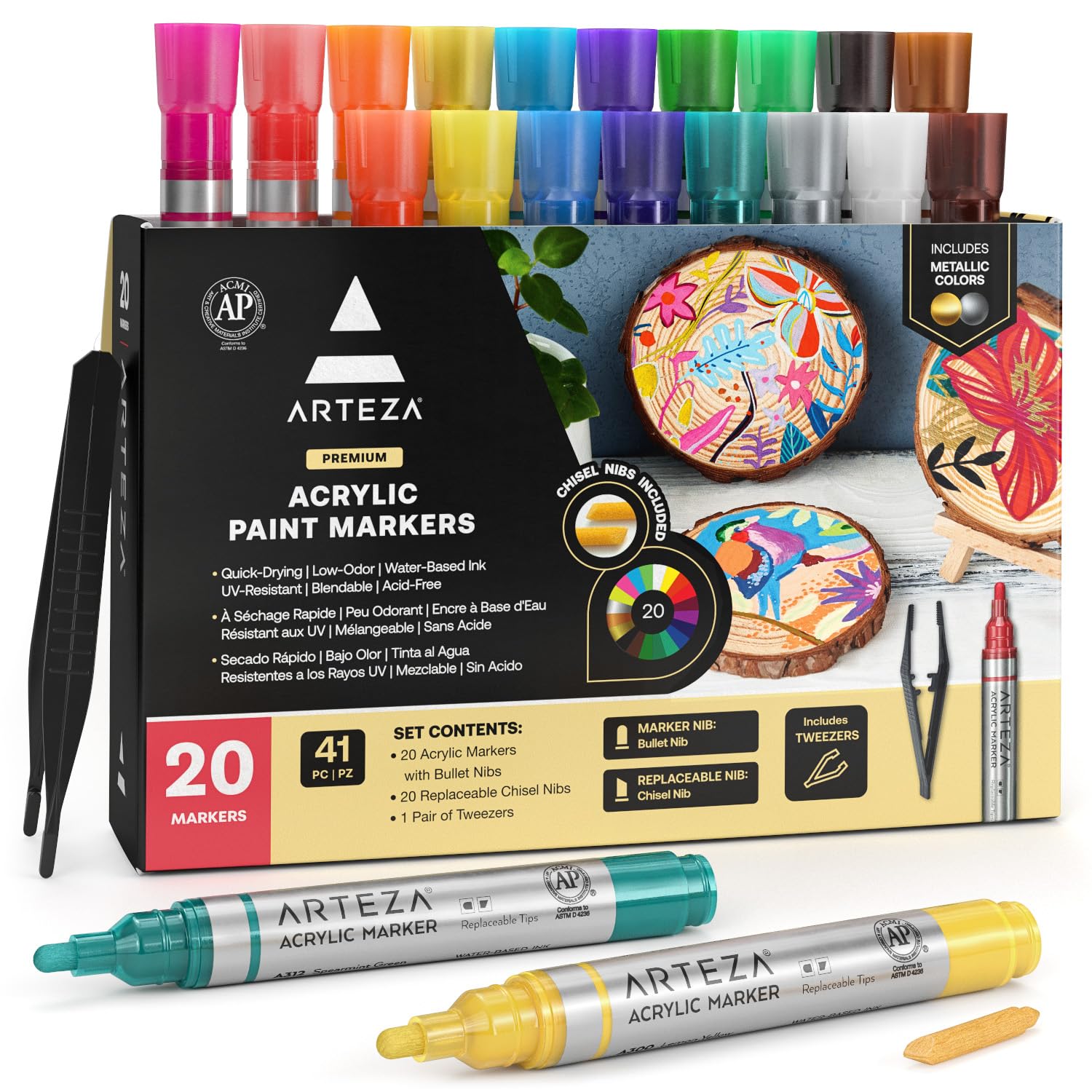 ARTEZA Acrylic Paint Markers, Set of 20 Acrylic Paint Pens in Assorted Colors, Art Markers for Glass, Pottery, Ceramic, Plastic, Rocks, and Canvas