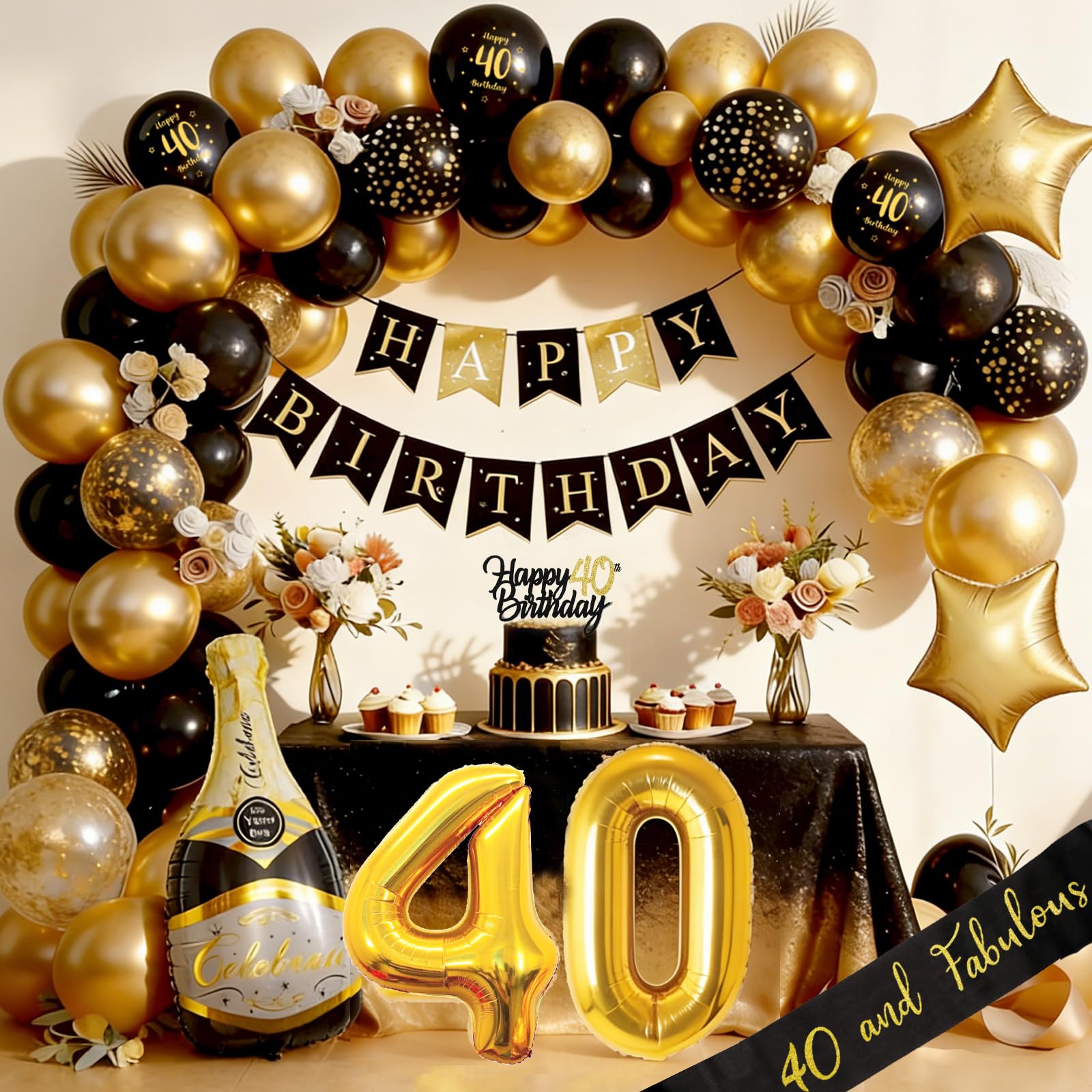 Deko Geburtstag Mann Frauen, Geburtstagsdeko, Schwarz Gold Deko mit Happy Birthday Girlande, Luftballon Männer Geburtstag Dekorationen