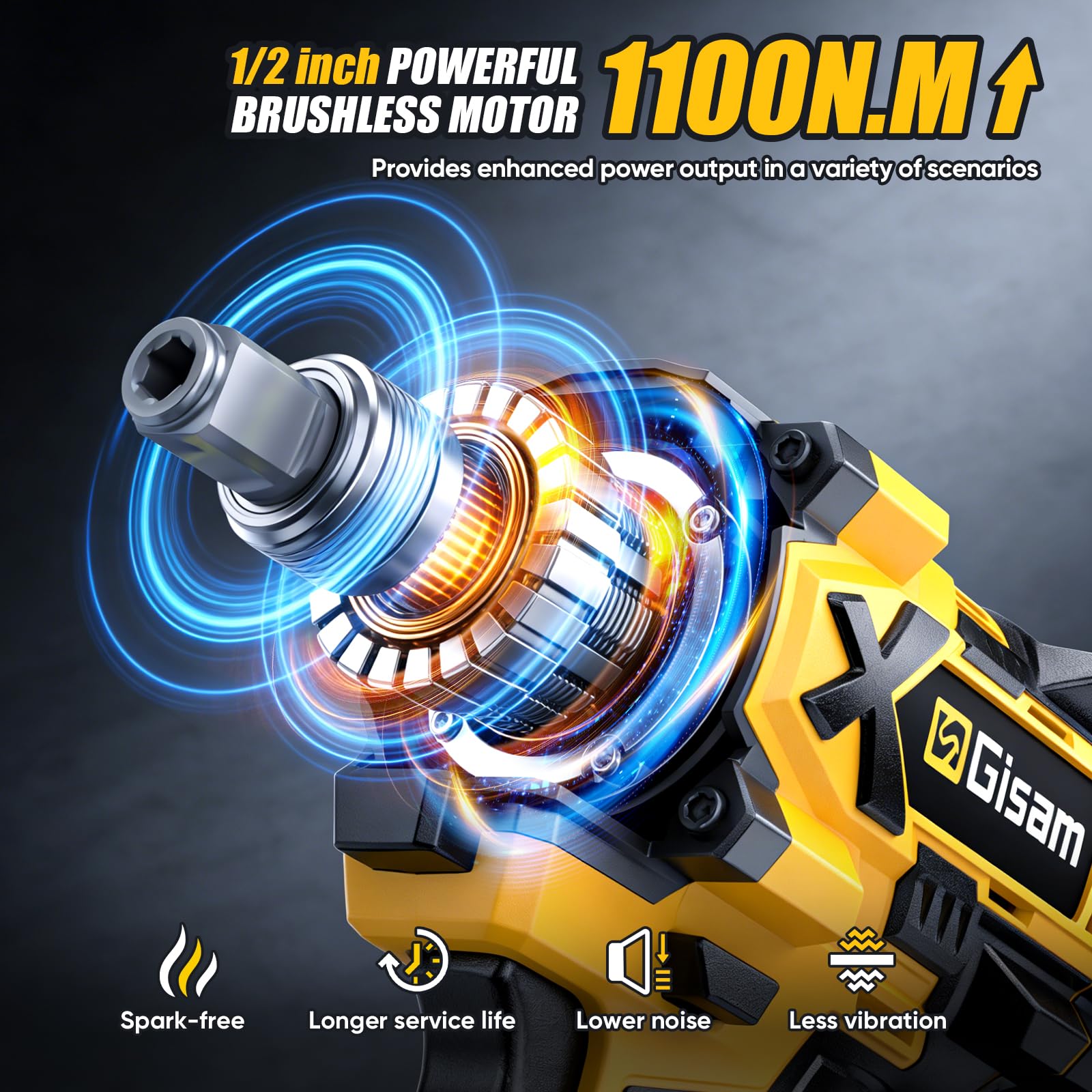 Gisam Atornillador de impacto con batería de 1100 Nm, compatible con batería Ma-kkita, llave de impacto sin escobillas de 1/2 pulgadas con batería de 4,0 Ah, velocidad de 4 marchas, 5 llaves de vaso