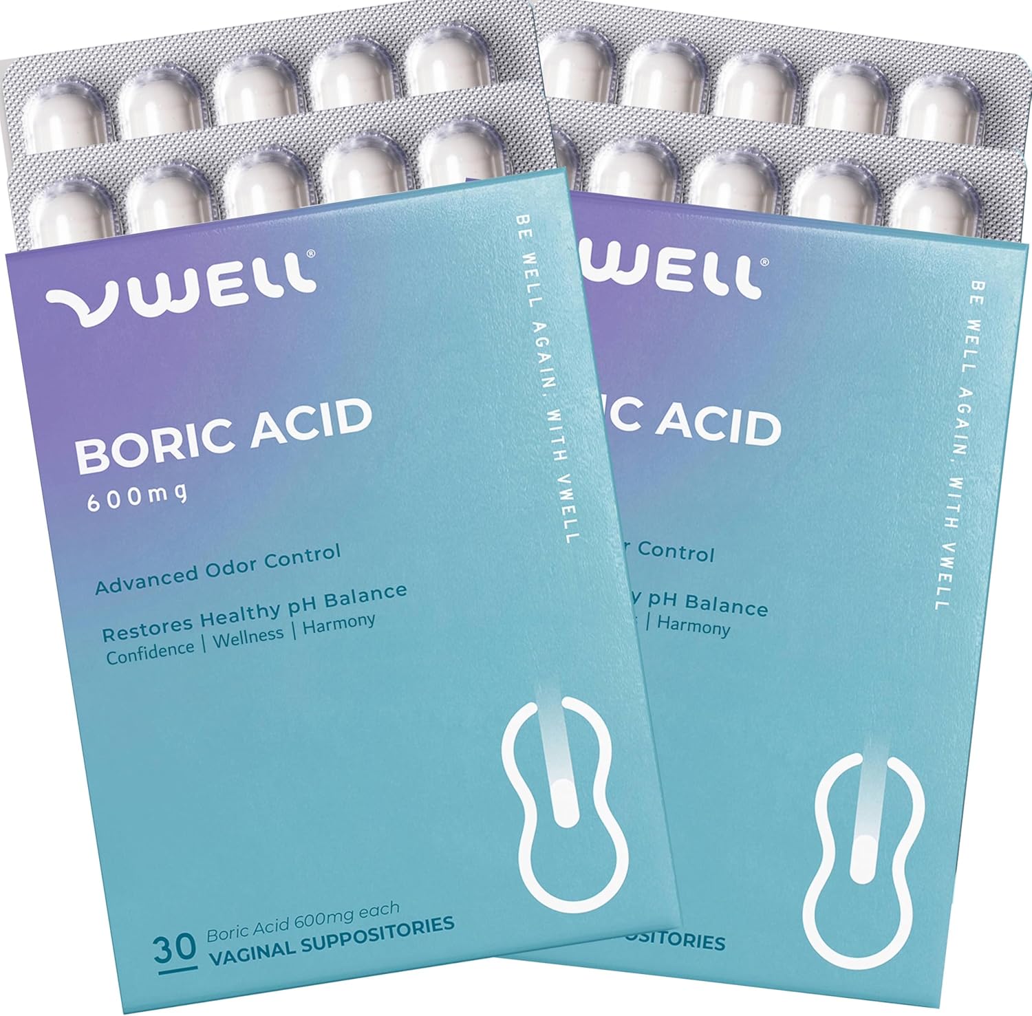 VWELL Boric Acid Vaginal Suppositories - Homeopathic Solution Maintains and Balances Healthy Vaginal pH & Microbiome Intimacy - Doctors Recommended (One Size, 60, Count)