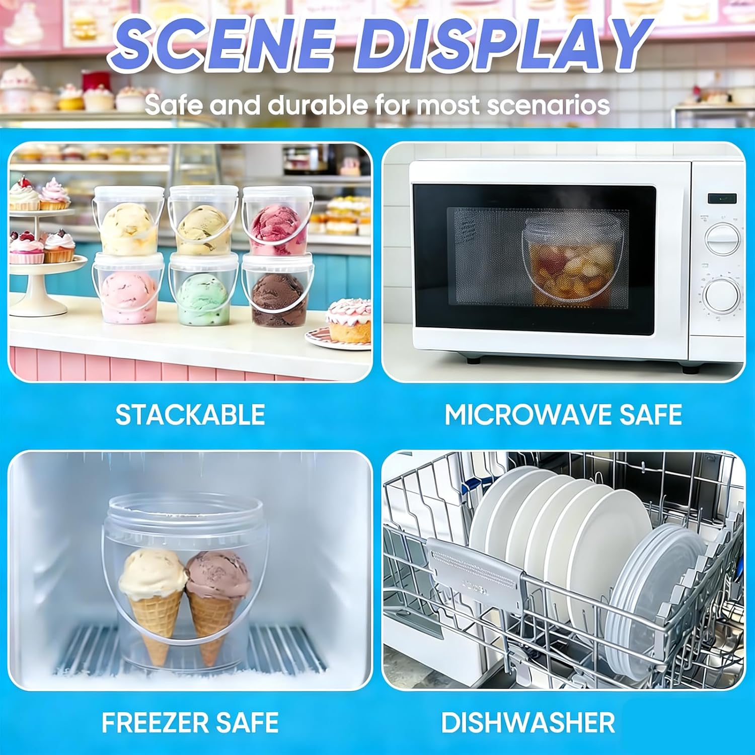20 Sets 32 oz Ice Cream Buckets with Lids and Handles Clear Plastic Cocktail Rum Drink Buckets Reusable Food Storage Containers Ice Cream Tub for Parties